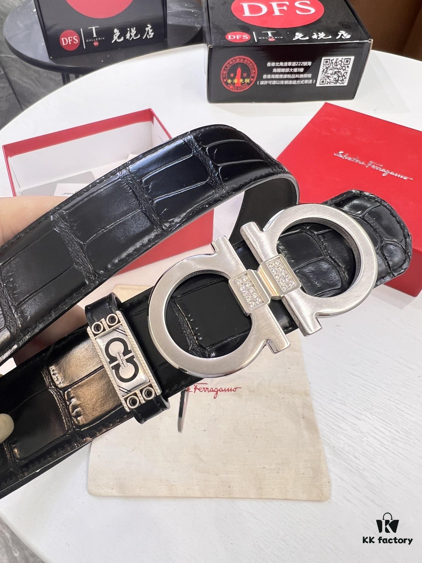 Top-tier Salvatore Ferragamo Belt, Authentic Hong Kong Duty-Free T Gift Box, 8-Shape Genuine Hardware, Full-Grain Crocodile-Texture Calfskin Leather, German-Made Craftsmanship