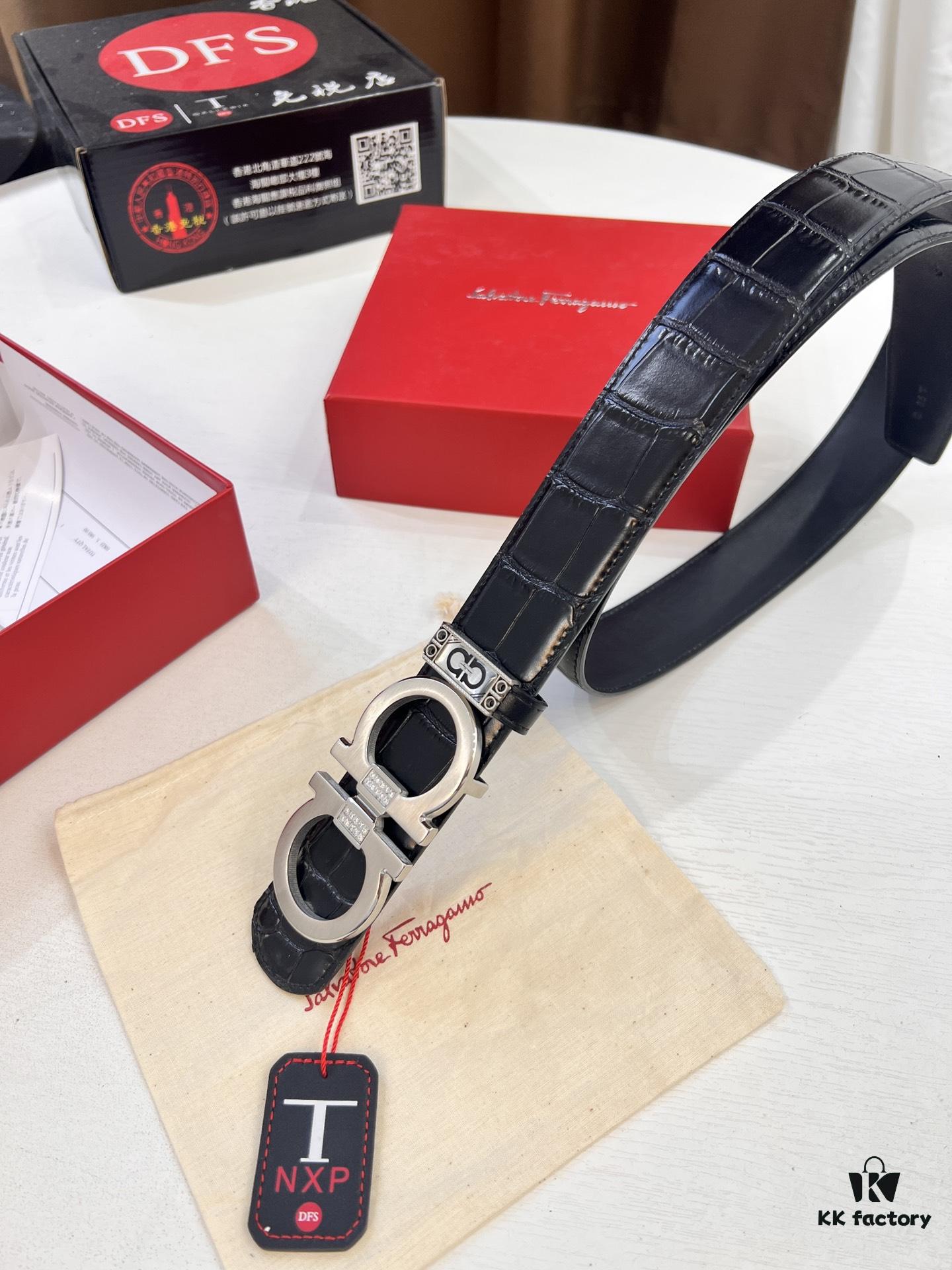 Top-tier Salvatore Ferragamo Belt, Authentic Hong Kong Duty-Free T Gift Box, 8-Shape Genuine Hardware, Full-Grain Crocodile-Texture Calfskin Leather, German-Made Craftsmanship