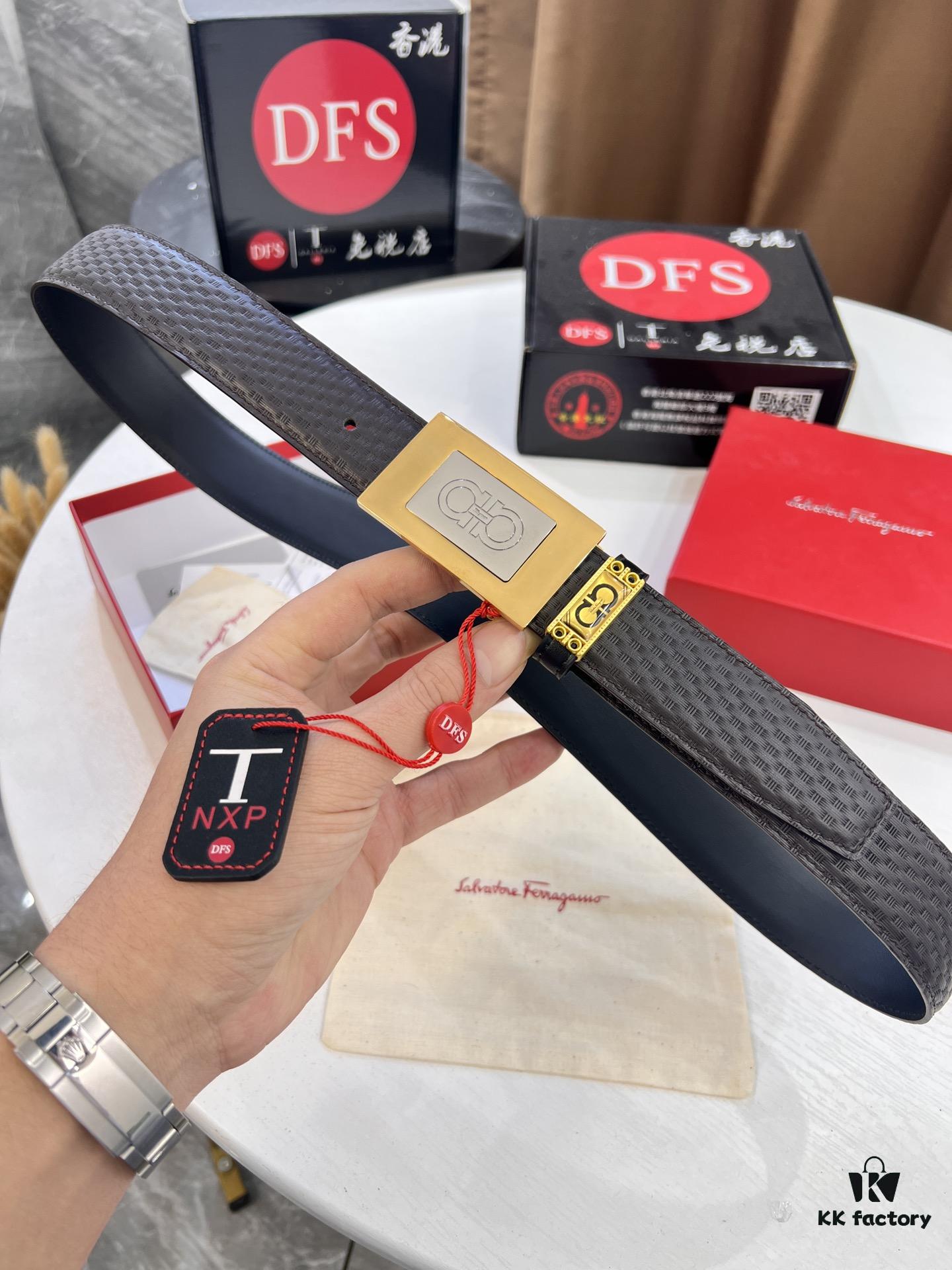 Salvatore Ferragamo Men's Belt, Genuine First-Layer Calfskin with Double-Sided Usage, New Minimalist Stainless Steel Hardware, 3.5cm Width