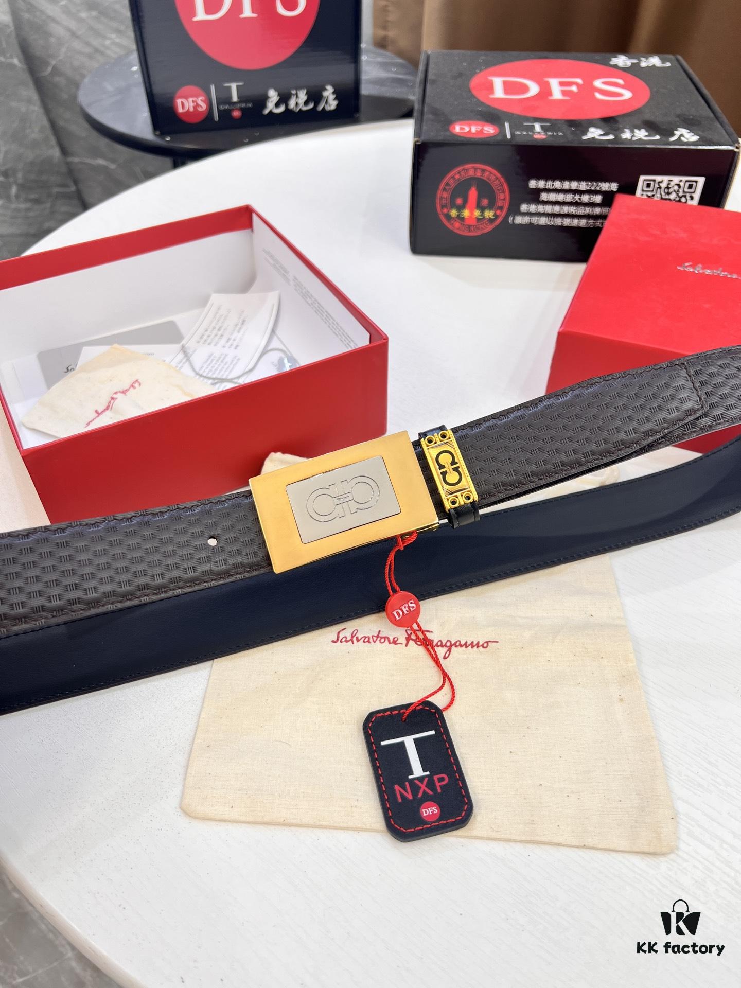 Salvatore Ferragamo Men's Belt, Genuine First-Layer Calfskin with Double-Sided Usage, New Minimalist Stainless Steel Hardware, 3.5cm Width