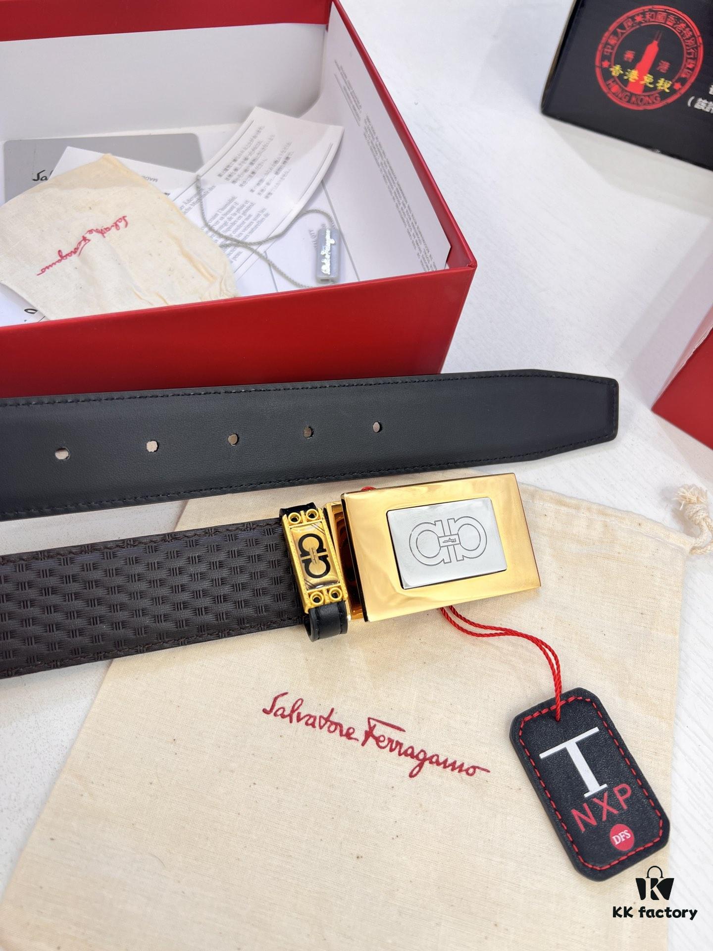 Salvatore Ferragamo Men's Belt, Genuine First-Layer Calfskin with Double-Sided Usage, New Minimalist Stainless Steel Hardware, 3.5cm Width