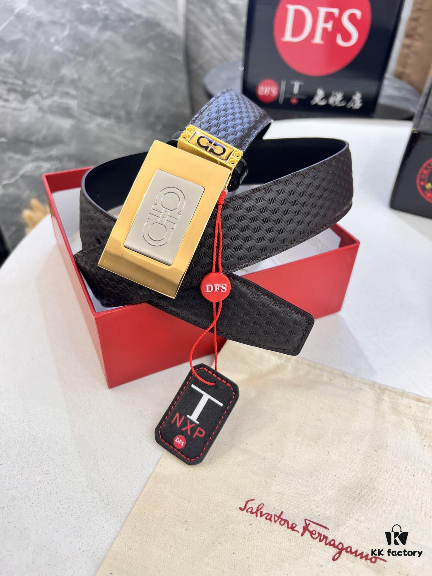 Salvatore Ferragamo Men's Belt, Genuine First-Layer Calfskin with Double-Sided Usage, New Minimalist Stainless Steel Hardware, 3.5cm Width