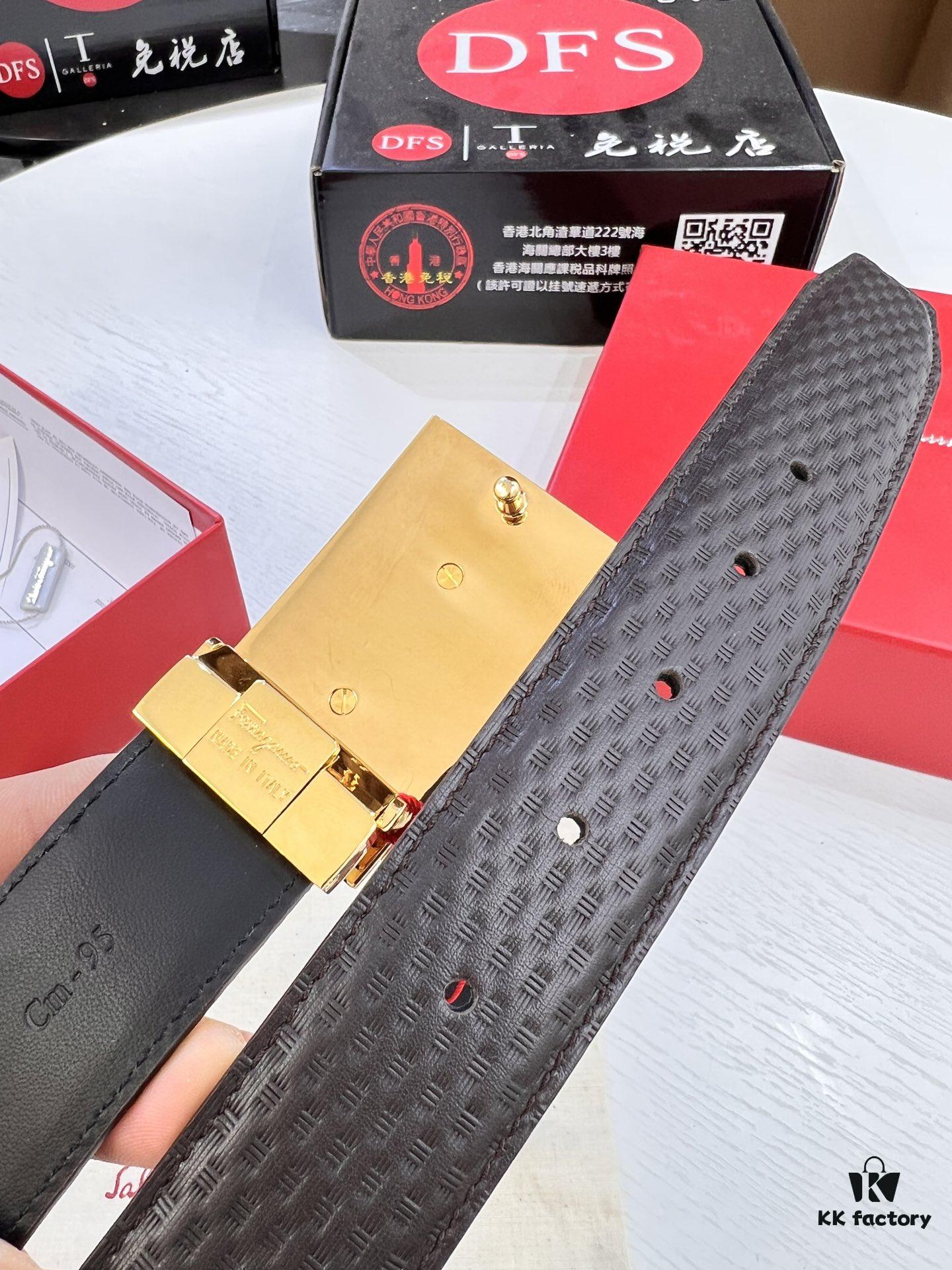 Salvatore Ferragamo Men's Belt, Genuine First-Layer Calfskin with Double-Sided Usage, New Minimalist Stainless Steel Hardware, 3.5cm Width