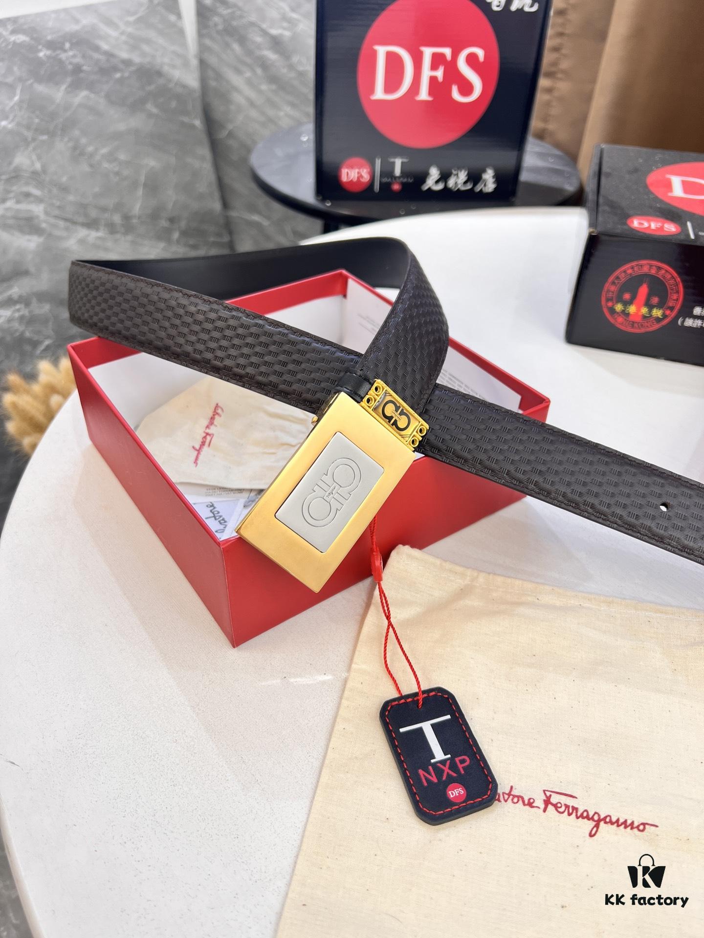 Salvatore Ferragamo Men's Belt, Genuine First-Layer Calfskin with Double-Sided Usage, New Minimalist Stainless Steel Hardware, 3.5cm Width