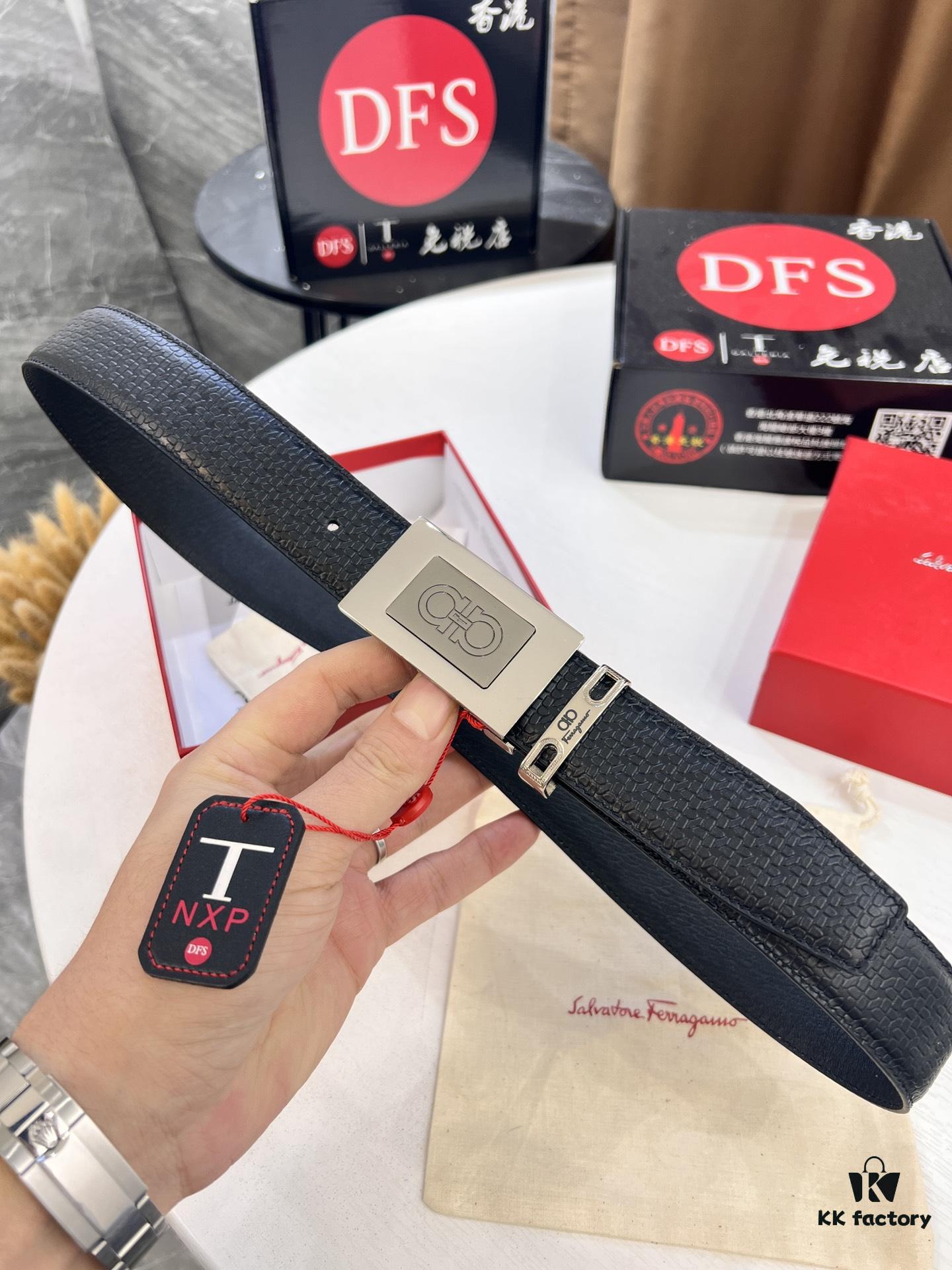 Salvatore Ferragamo Men's Belt, Genuine First-Layer Calfskin with Double-Sided Usage, New Simple Steel Hardware, 3.5cm Width