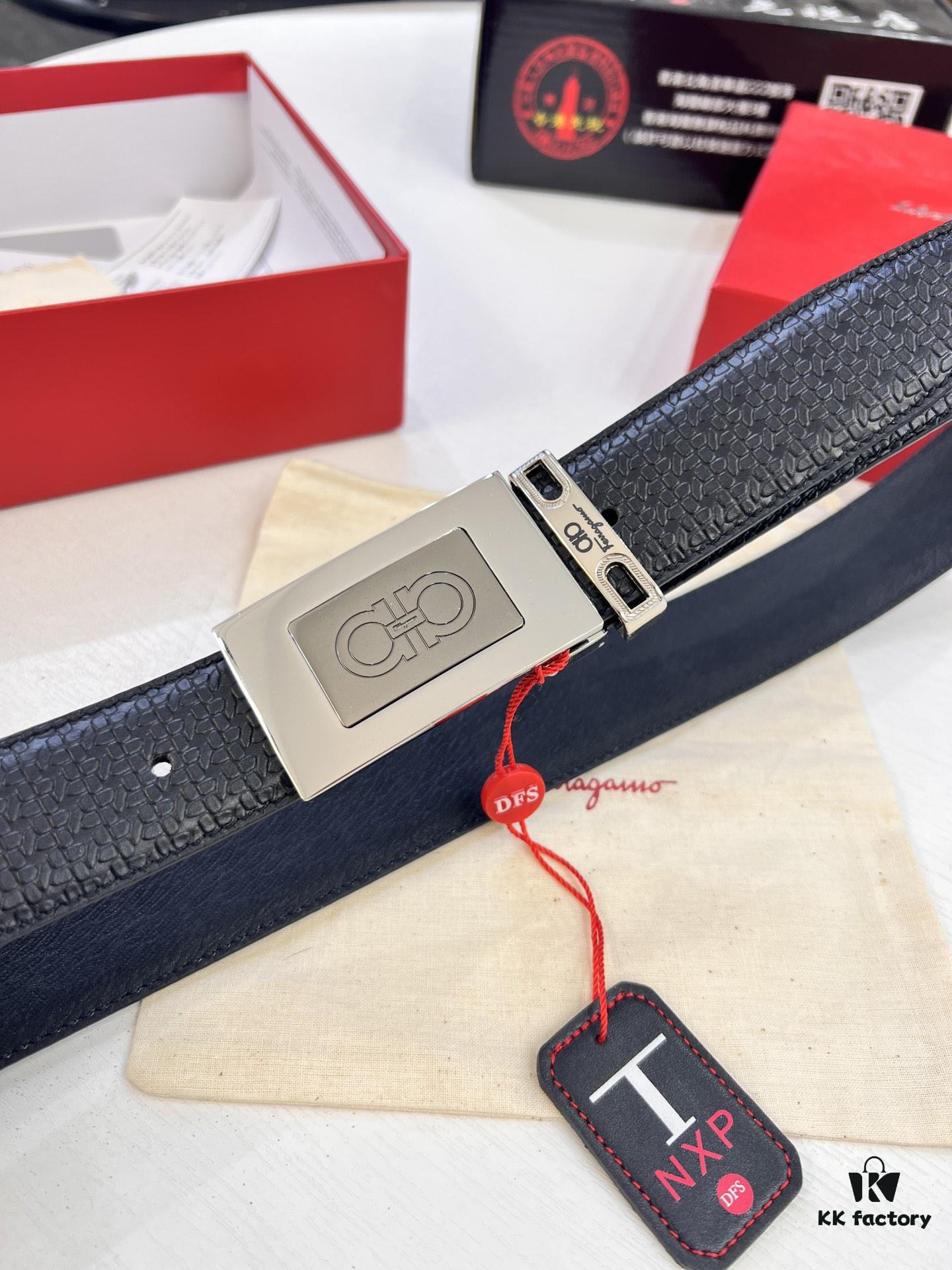 Salvatore Ferragamo Men's Belt, Genuine First-Layer Calfskin with Double-Sided Usage, New Simple Steel Hardware, 3.5cm Width