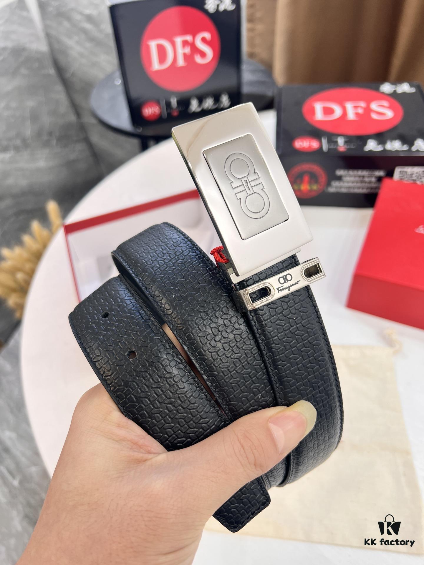 Salvatore Ferragamo Men's Belt, Genuine First-Layer Calfskin with Double-Sided Usage, New Simple Steel Hardware, 3.5cm Width