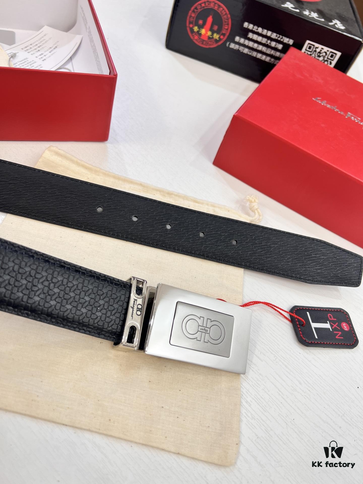 Salvatore Ferragamo Men's Belt, Genuine First-Layer Calfskin with Double-Sided Usage, New Simple Steel Hardware, 3.5cm Width