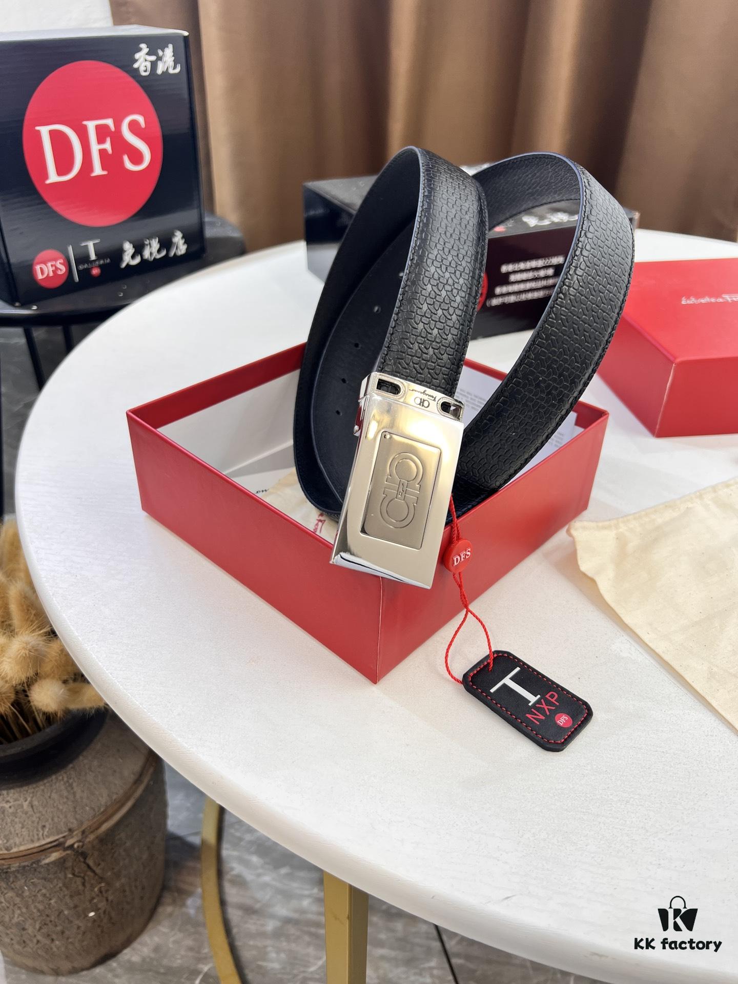 Salvatore Ferragamo Men's Belt, Genuine First-Layer Calfskin with Double-Sided Usage, New Simple Steel Hardware, 3.5cm Width