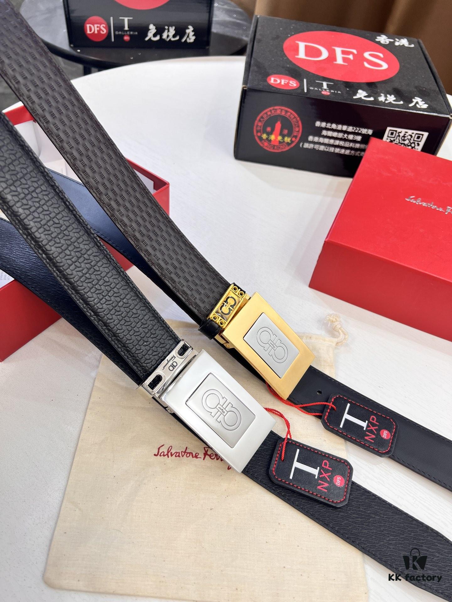 Salvatore Ferragamo Men's Belt, Genuine First-Layer Calfskin with Double-Sided Usage, New Simple Steel Hardware, 3.5cm Width