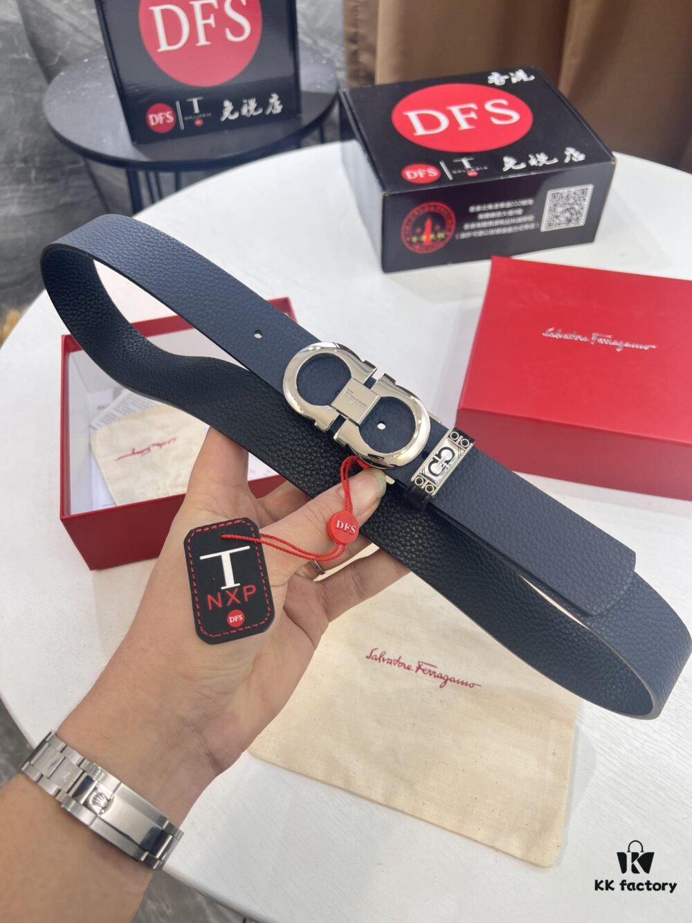 Ferragamo Men's Belt, Genuine First-Layer Calfskin with Double-Sided Wear, 3.5cm Width, Stainless Steel Buckle, Adjustable Length