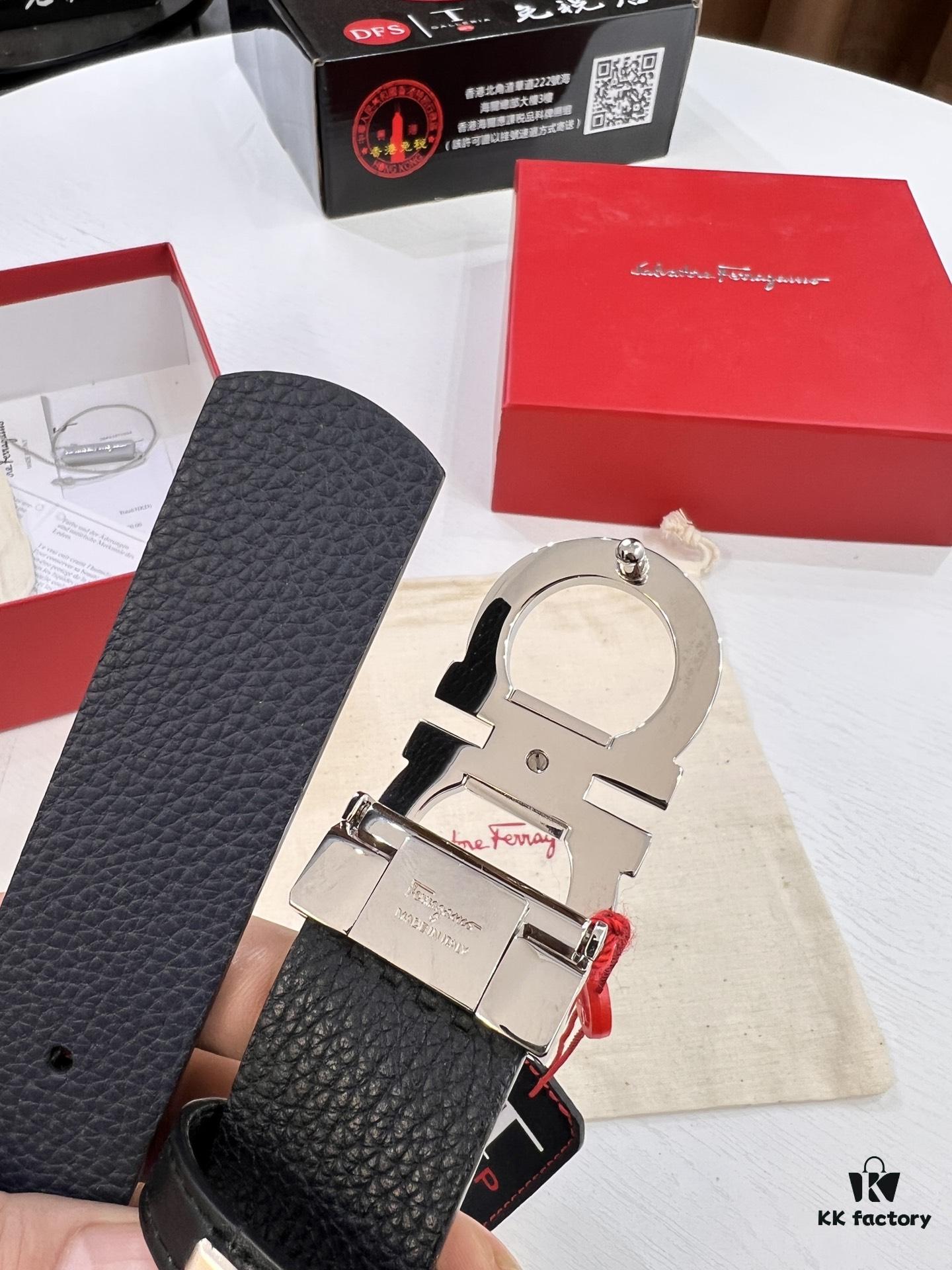 Ferragamo Men's Belt, Genuine First-Layer Calfskin with Double-Sided Wear, 3.5cm Width, Stainless Steel Buckle, Adjustable Length