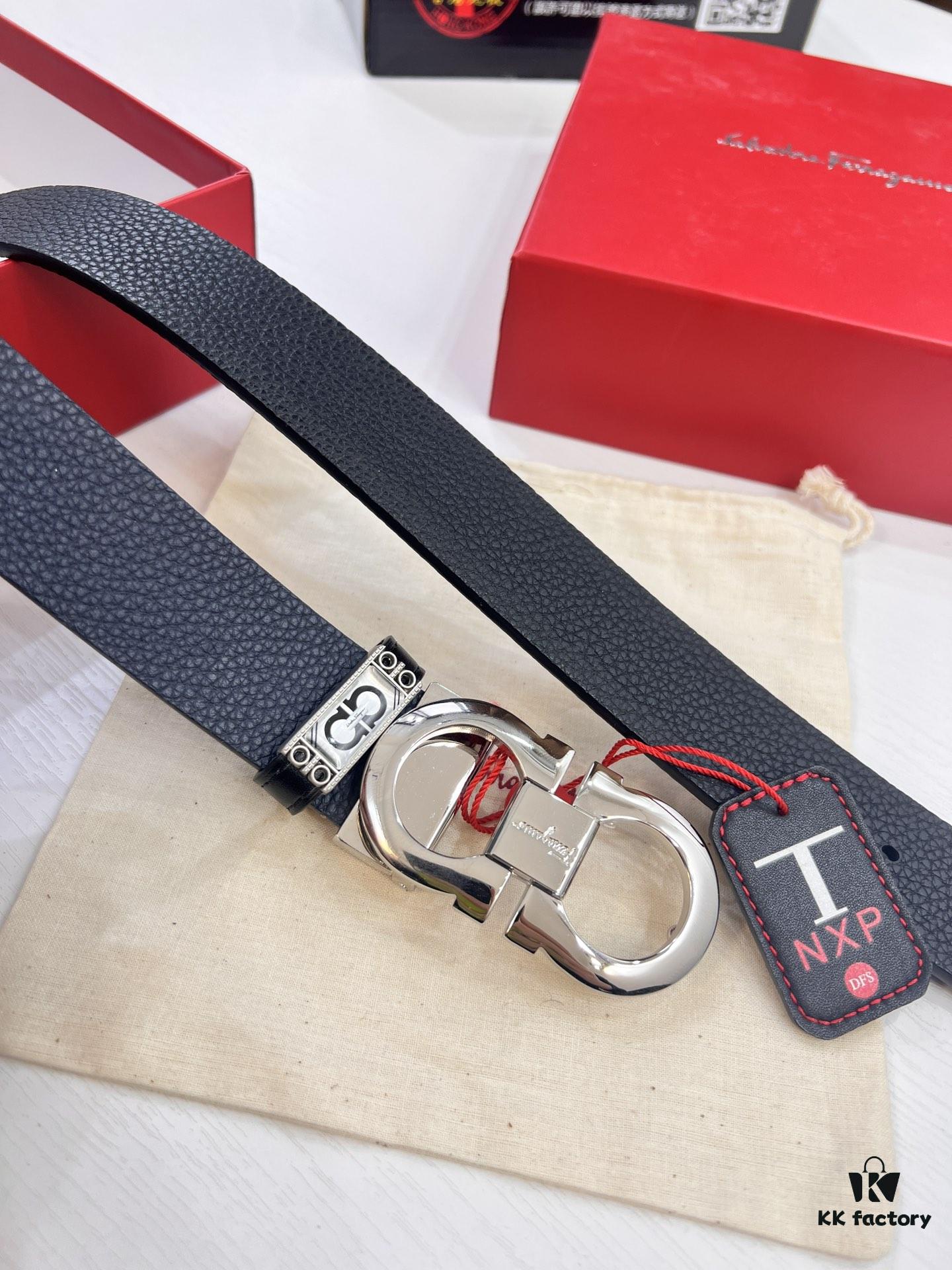 Ferragamo Men's Belt, Genuine First-Layer Calfskin with Double-Sided Wear, 3.5cm Width, Stainless Steel Buckle, Adjustable Length