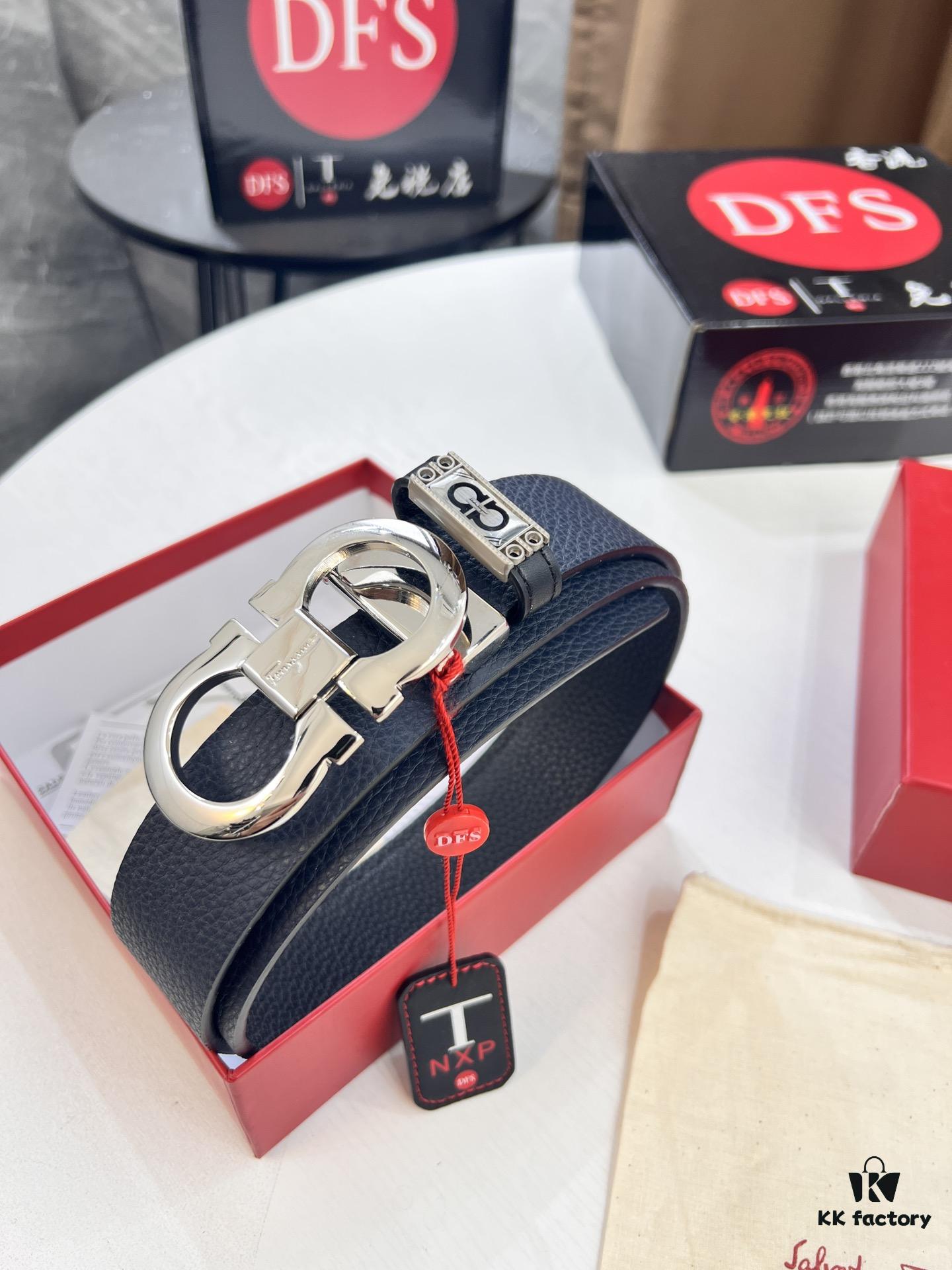 Ferragamo Men's Belt, Genuine First-Layer Calfskin with Double-Sided Wear, 3.5cm Width, Stainless Steel Buckle, Adjustable Length