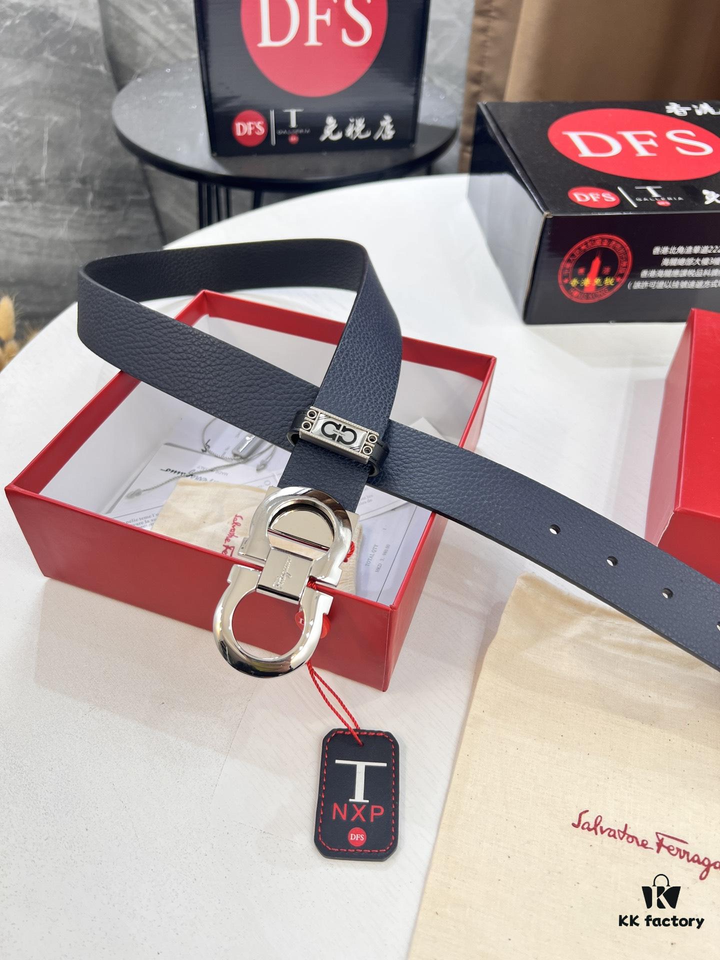 Ferragamo Men's Belt, Genuine First-Layer Calfskin with Double-Sided Wear, 3.5cm Width, Stainless Steel Buckle, Adjustable Length