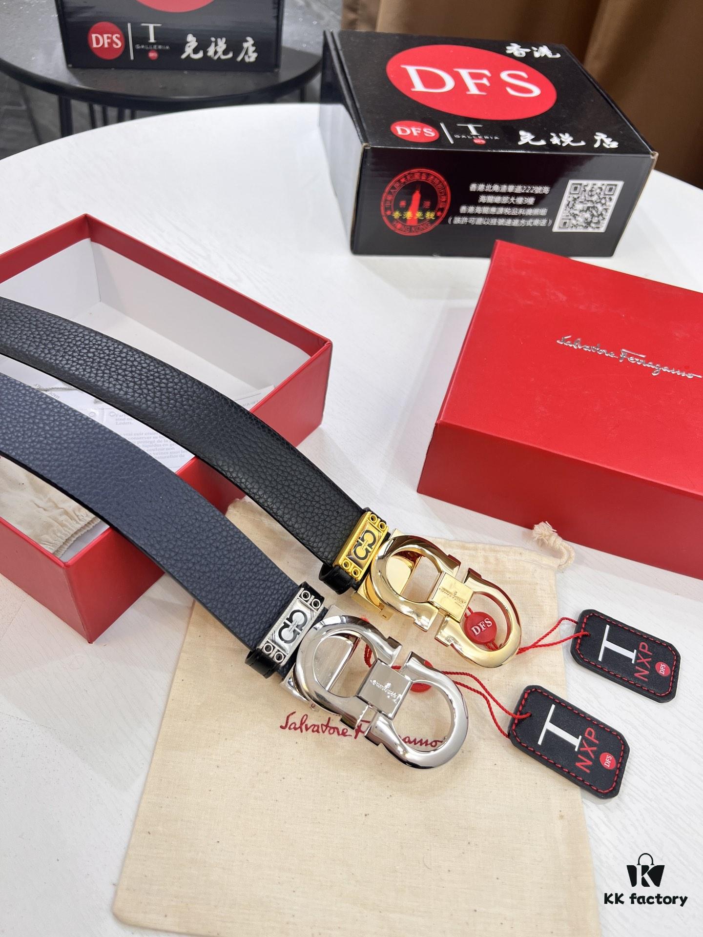Ferragamo Men's Belt, Genuine First-Layer Calfskin with Double-Sided Wear, 3.5cm Width, Stainless Steel Buckle, Adjustable Length