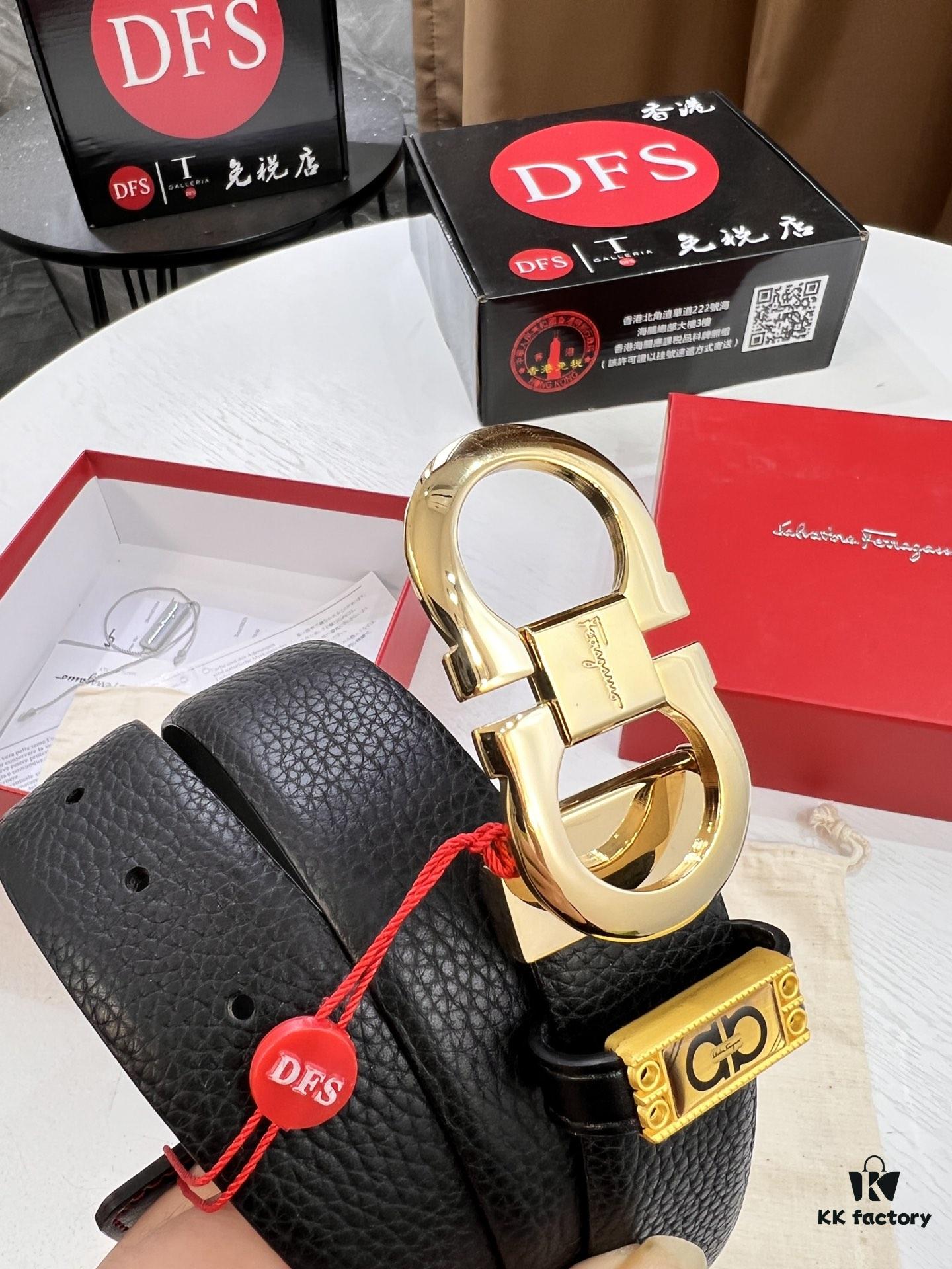 Salvatore Ferragamo Men's Belt, Top Grain Calfskin with Double-Sided Wear, 3.5cm Width, Stainless Steel Buckle, Adjustable Length