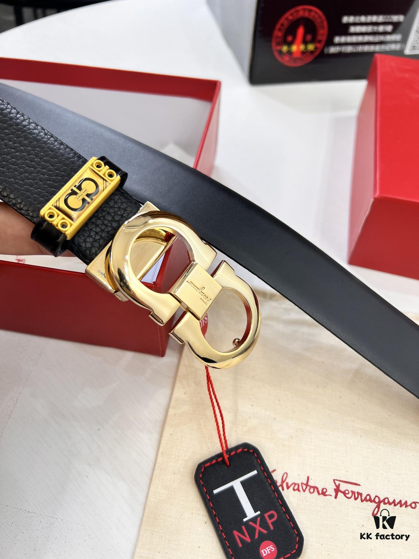 Salvatore Ferragamo Men's Belt, Top Grain Calfskin with Double-Sided Wear, 3.5cm Width, Stainless Steel Buckle, Adjustable Length