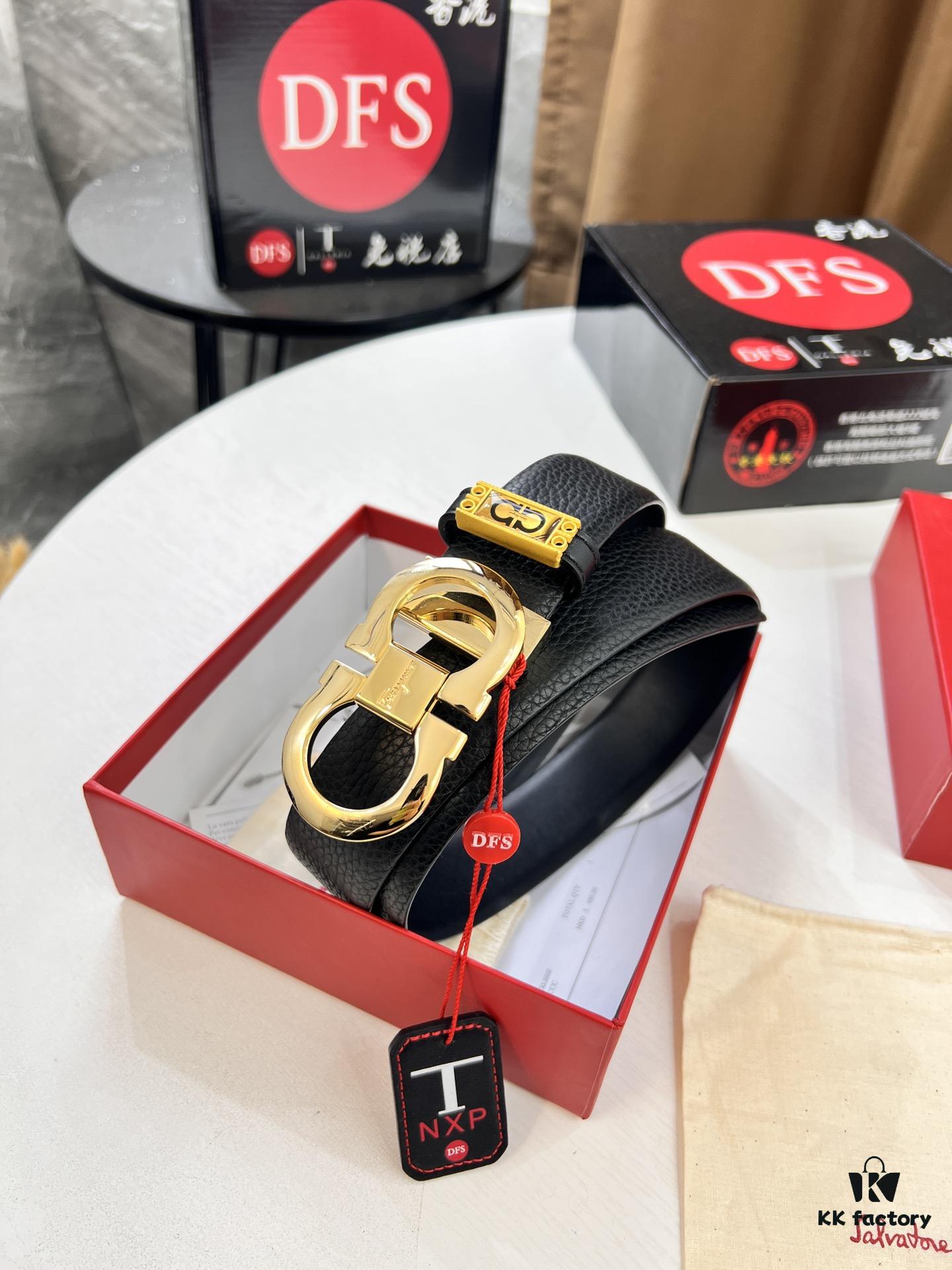 Salvatore Ferragamo Men's Belt, Top Grain Calfskin with Double-Sided Wear, 3.5cm Width, Stainless Steel Buckle, Adjustable Length