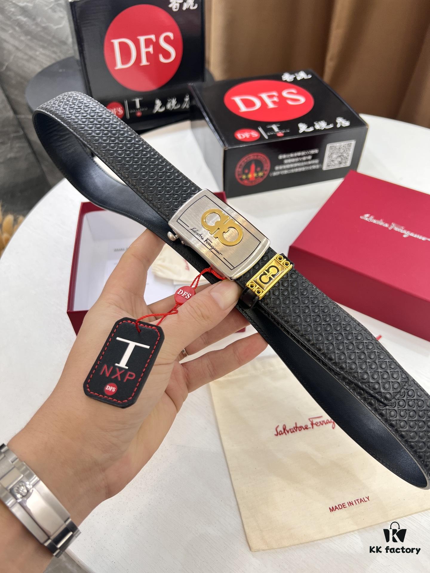 Salvatore Ferragamo Men's Automatic Series Leather Belt, Imported Top-Grain Calfskin with Steel Hardware, 3.5 cm Width, Auto-Tooth Design