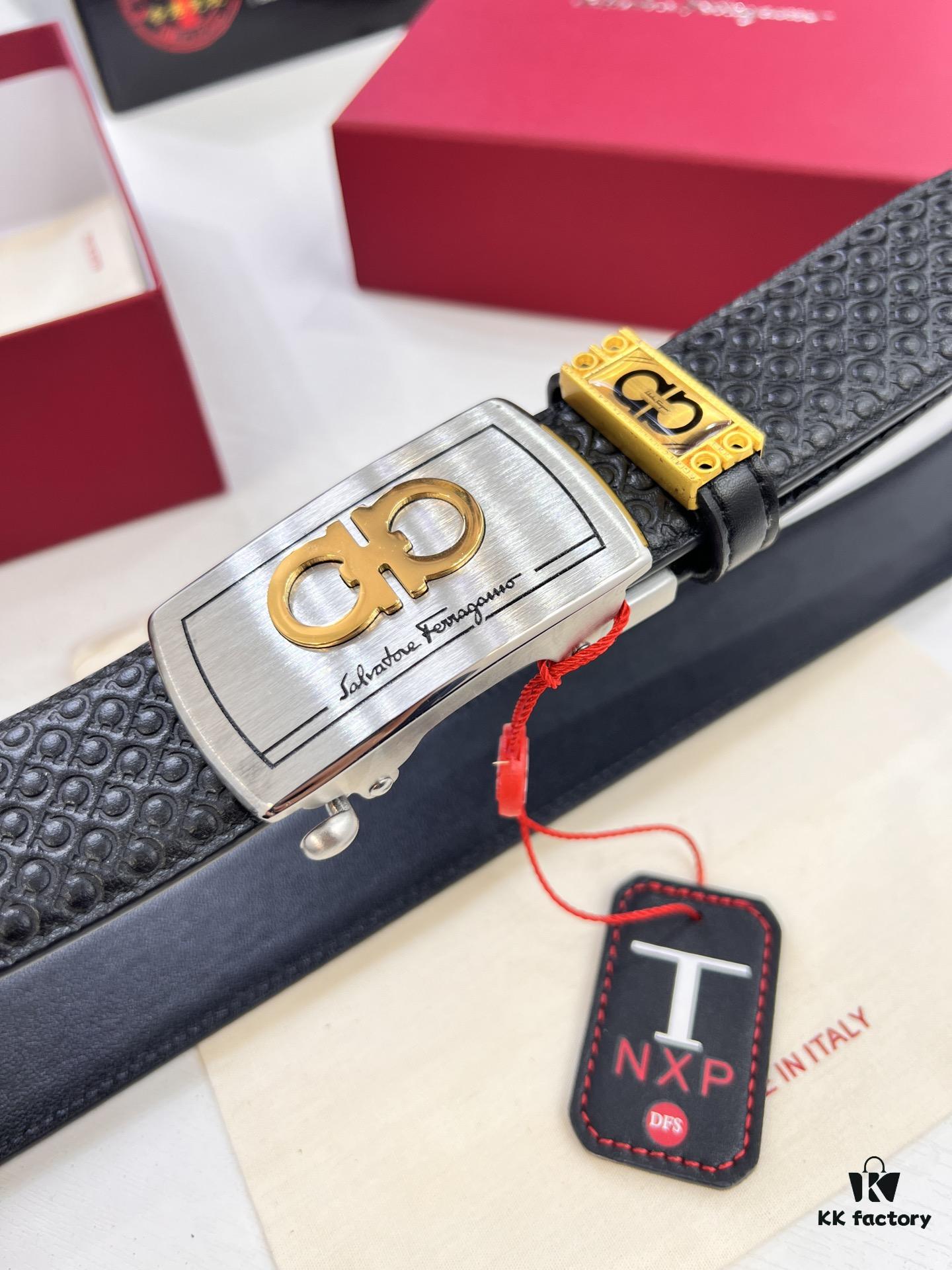 Salvatore Ferragamo Men's Automatic Series Leather Belt, Imported Top-Grain Calfskin with Steel Hardware, 3.5 cm Width, Auto-Tooth Design