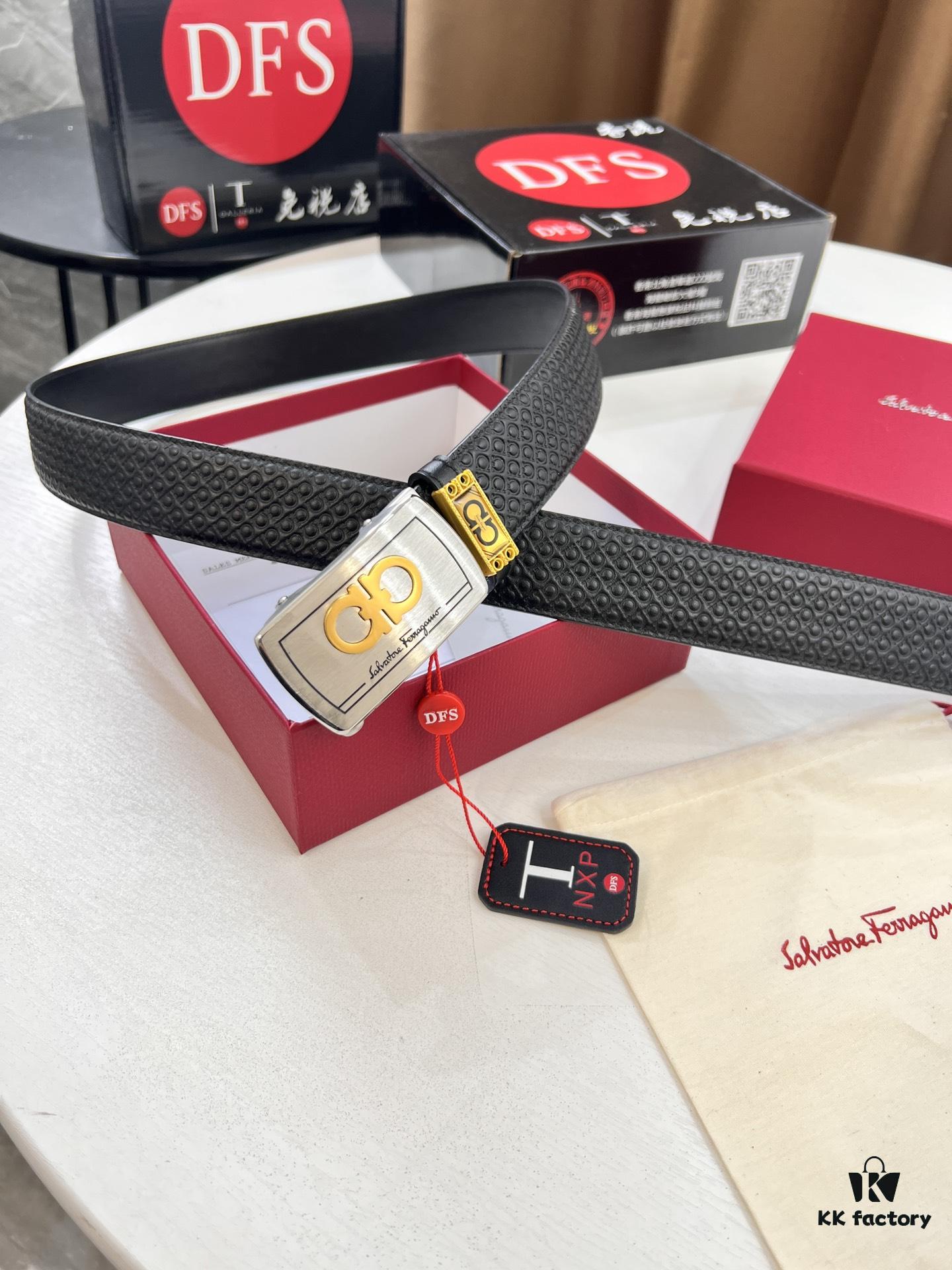 Salvatore Ferragamo Men's Automatic Series Leather Belt, Imported Top-Grain Calfskin with Steel Hardware, 3.5 cm Width, Auto-Tooth Design