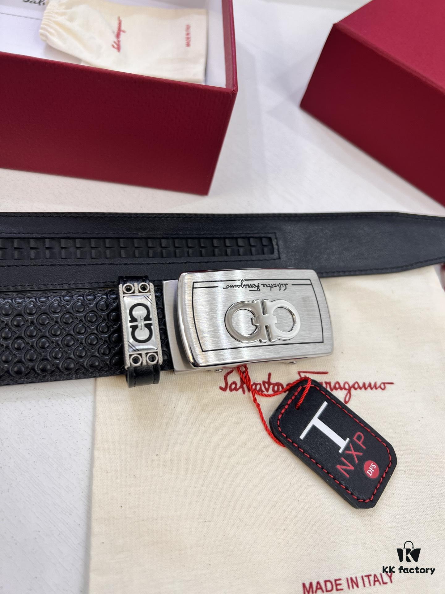 Salvatore Ferragamo Men's Automatic Belt, 3.5cm Width, Full-Grain Calfskin with Steel Hardware, Diagonal Texture