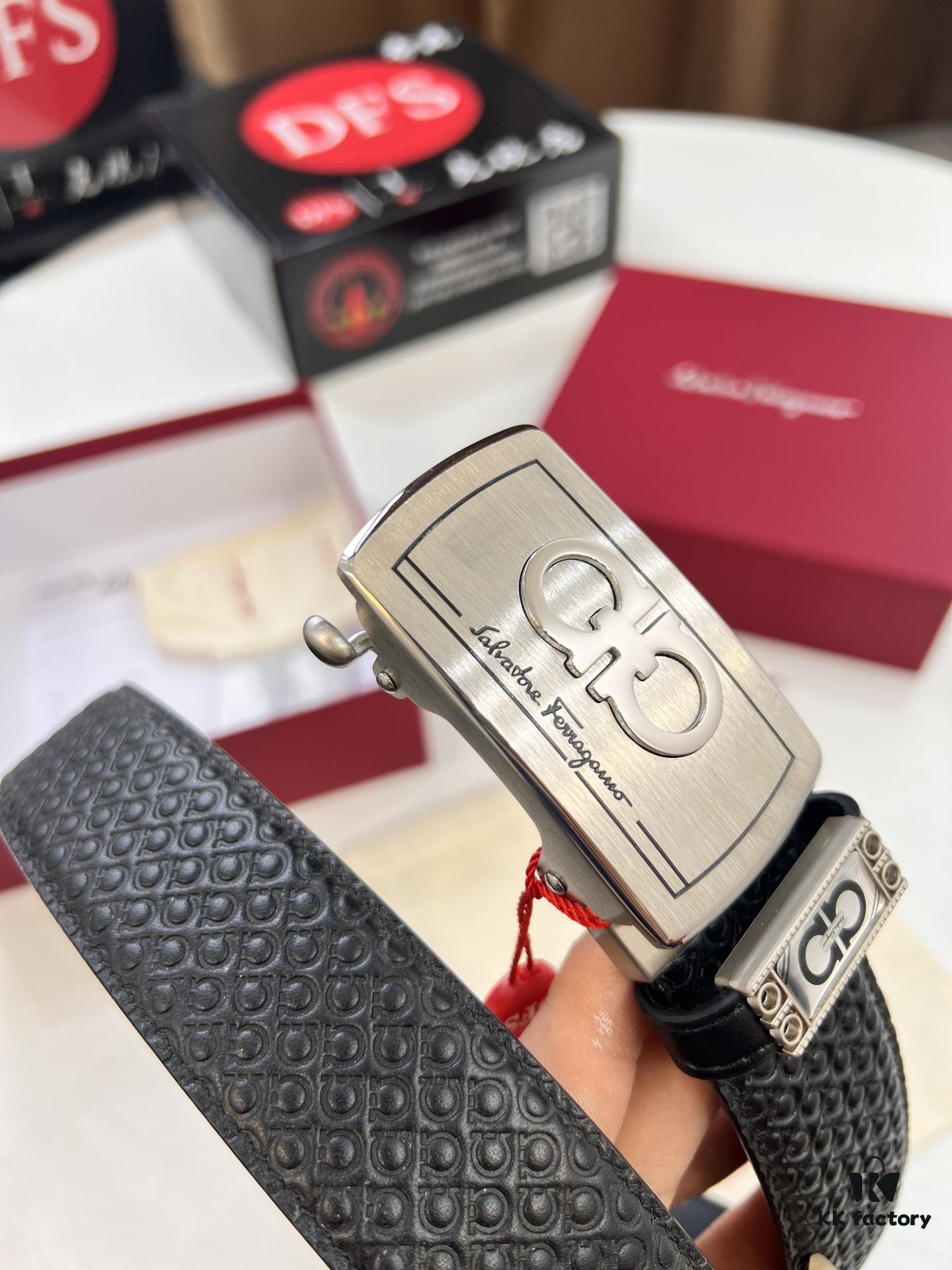 Salvatore Ferragamo Men's Automatic Belt, 3.5cm Width, Full-Grain Calfskin with Steel Hardware, Diagonal Texture