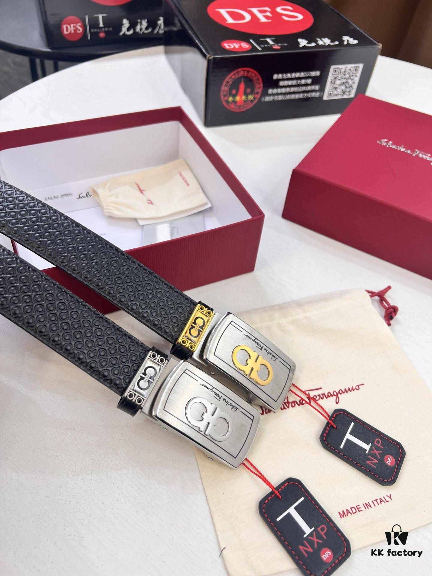 Salvatore Ferragamo Men's Automatic Belt, 3.5cm Width, Full-Grain Calfskin with Steel Hardware, Diagonal Texture