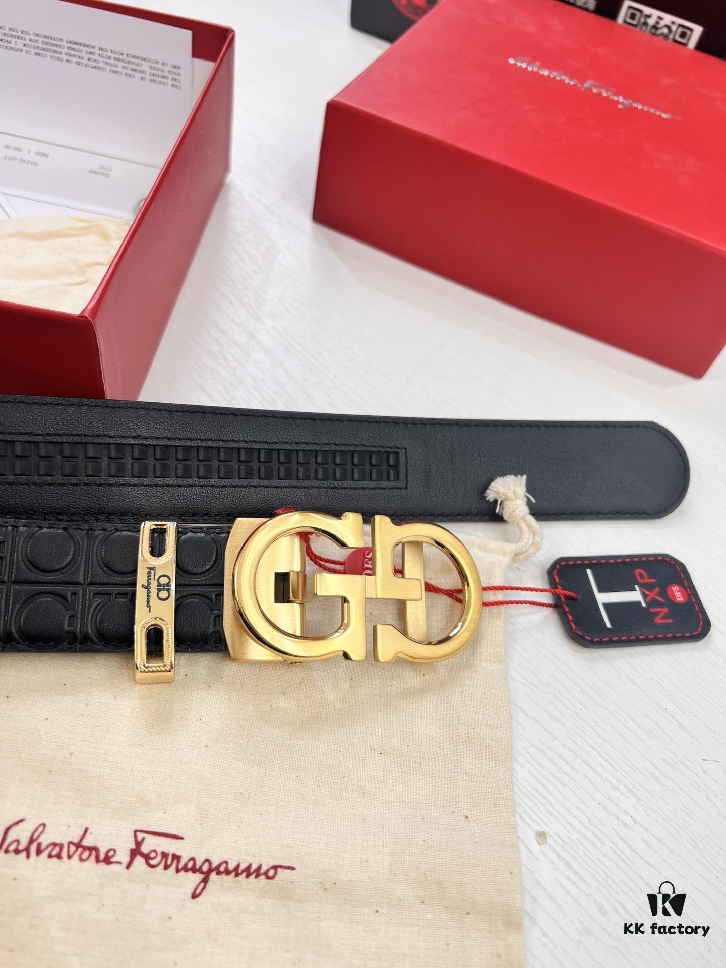 Arrival of Salvatore Ferragamo Men's Automatic Series Leather Belt with ZP Molded 8-Shaped Beveled Pattern and Stainless Steel Hardware