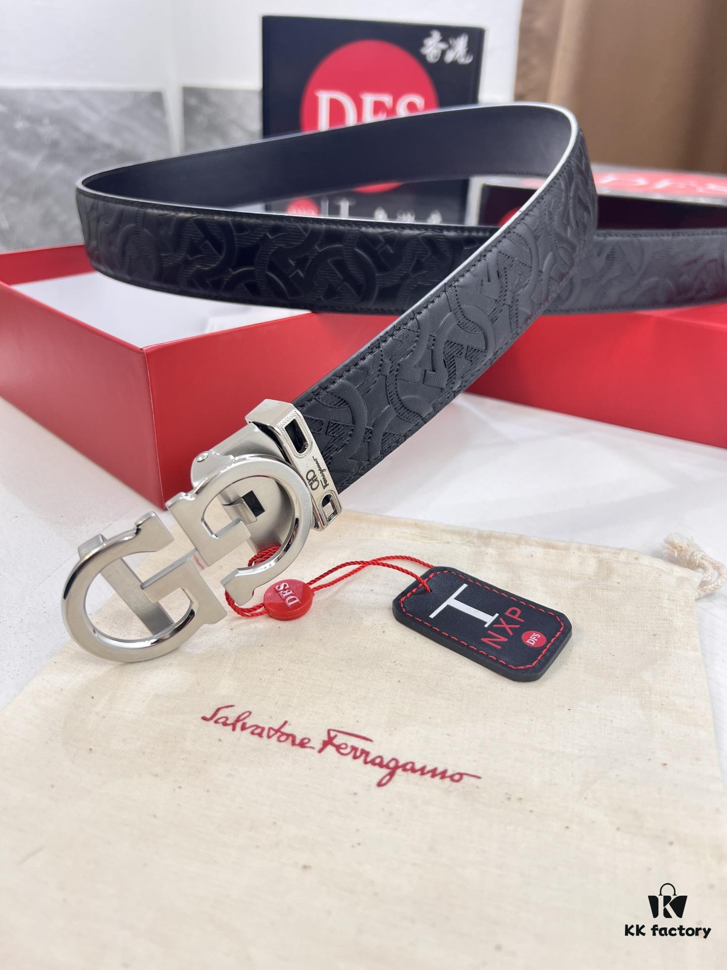 Salvatore Ferragamo Men's Automatic Belt, Top-Quality Imported Full-Grain Calfskin with Steel Hardware, 3.5cm Width, Figure-Eight Textured Buckle