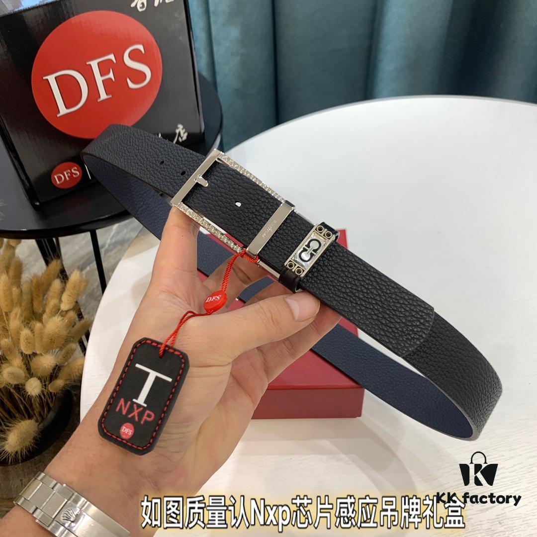 Top-Tier Salvatore Ferragamo Belt, Hong Kong Duty-Free Gift Box, Authenticity Scan Verification, New 8-Shaped Genuine Hardware, 360° Rotatable Logo, Dual-Sided Leather Design