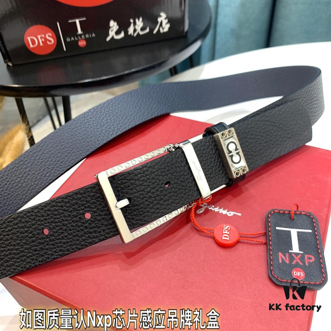 Top-Tier Salvatore Ferragamo Belt, Hong Kong Duty-Free Gift Box, Authenticity Scan Verification, New 8-Shaped Genuine Hardware, 360° Rotatable Logo, Dual-Sided Leather Design