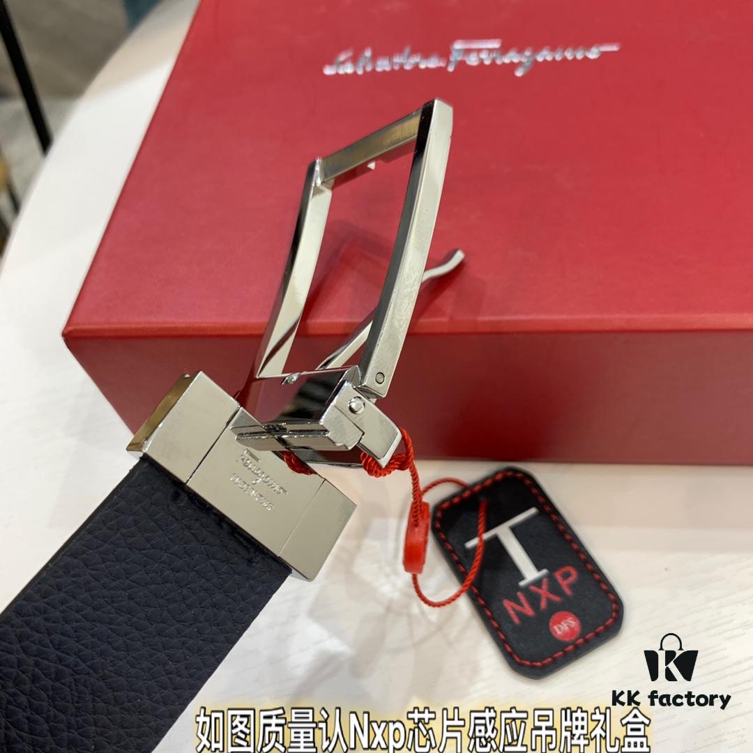 Top-Tier Salvatore Ferragamo Belt, Hong Kong Duty-Free Gift Box, Authenticity Scan Verification, New 8-Shaped Genuine Hardware, 360° Rotatable Logo, Dual-Sided Leather Design