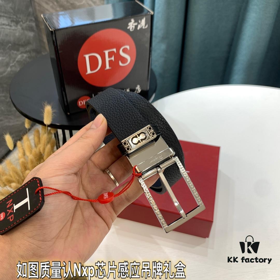 Top-Tier Salvatore Ferragamo Belt, Hong Kong Duty-Free Gift Box, Authenticity Scan Verification, New 8-Shaped Genuine Hardware, 360° Rotatable Logo, Dual-Sided Leather Design