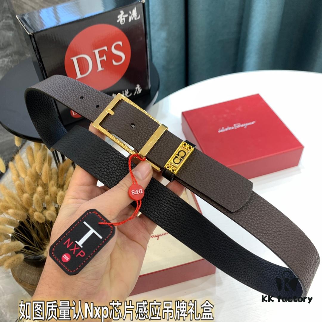 Top-tier Salvatore Ferragamo Belt, Hong Kong Duty-Free Gift Box, Authenticity QR Code Verified, New 8-Shaped Genuine Hardware, 360° Rotatable Logo, Dual-Sided Use, Imported Top-Grade Calf Leather, Adjustable Length