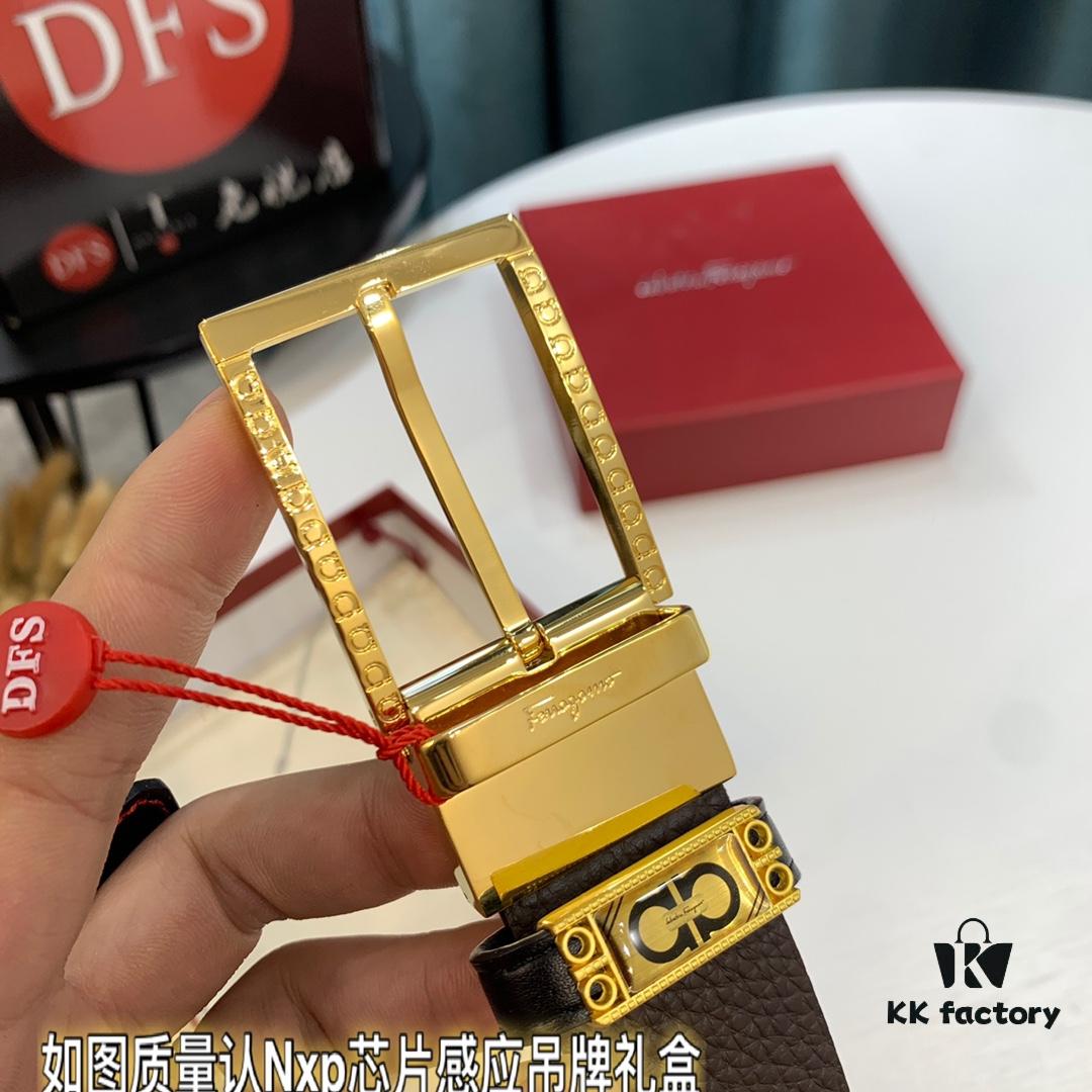 Top-tier Salvatore Ferragamo Belt, Hong Kong Duty-Free Gift Box, Authenticity QR Code Verified, New 8-Shaped Genuine Hardware, 360° Rotatable Logo, Dual-Sided Use, Imported Top-Grade Calf Leather, Adjustable Length