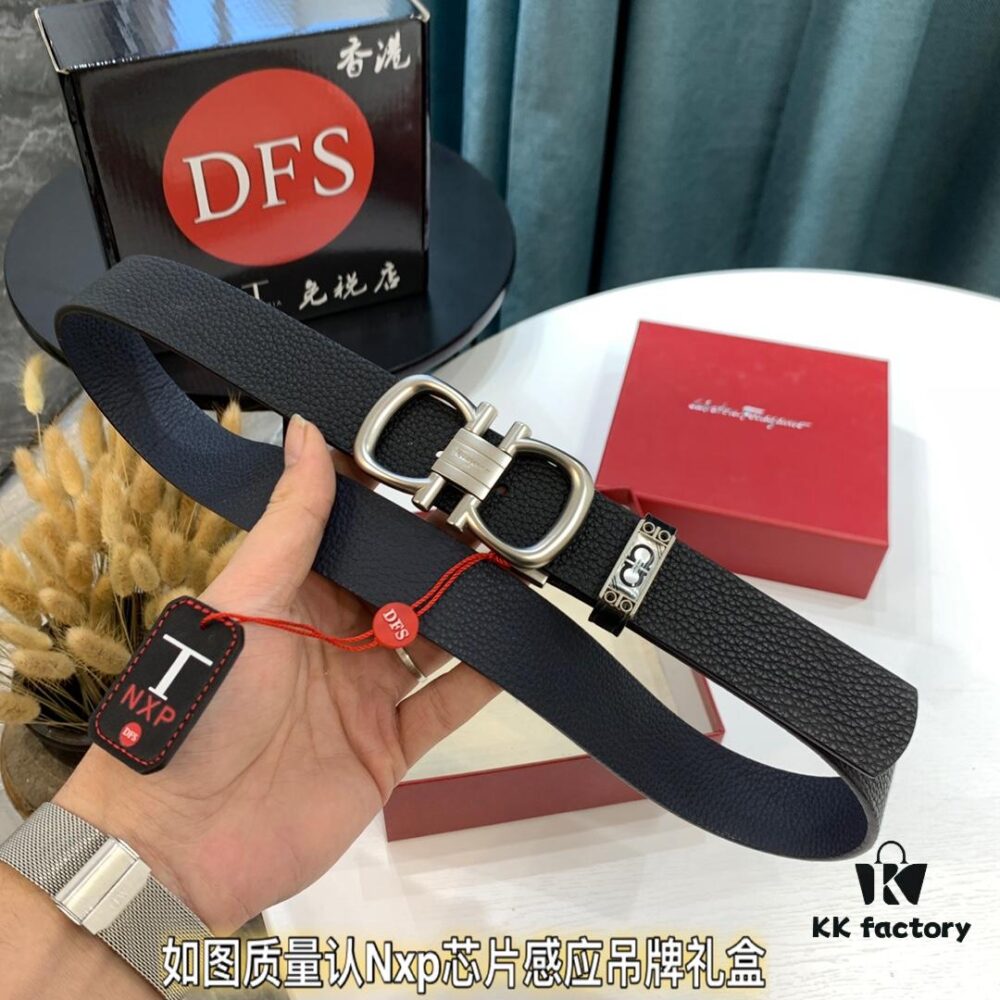 Ferragamo Belt, Genuine Imported Full-Grain Leather, Reversible Double-Sided Design, 3.5cm Width, Customizable Length, Original Logo Embossing, Hong Kong Duty-Free Gift Box