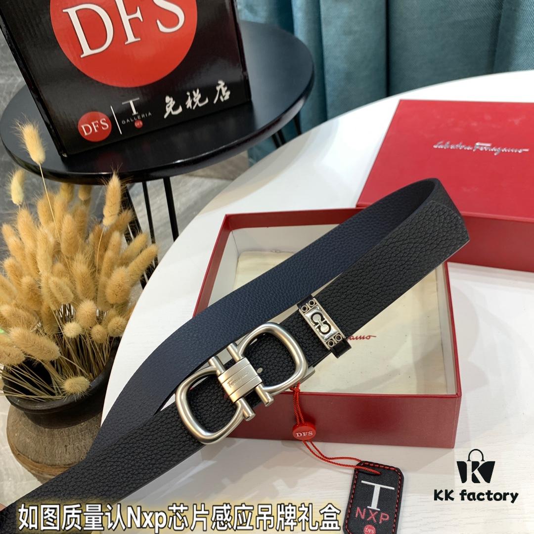 Ferragamo Belt, Genuine Imported Full-Grain Leather, Reversible Double-Sided Design, 3.5cm Width, Customizable Length, Original Logo Embossing, Hong Kong Duty-Free Gift Box