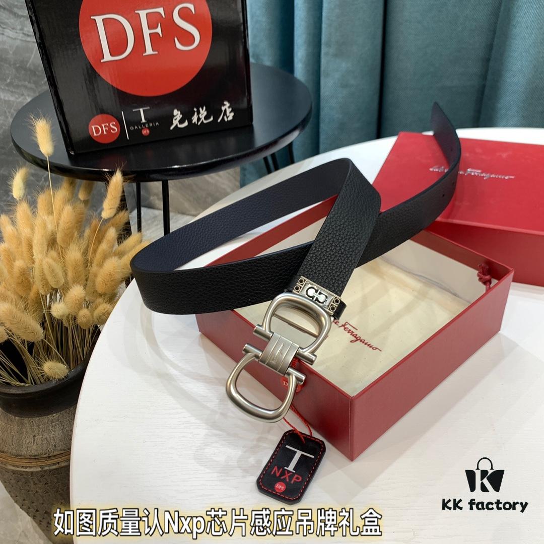 Ferragamo Belt, Genuine Imported Full-Grain Leather, Reversible Double-Sided Design, 3.5cm Width, Customizable Length, Original Logo Embossing, Hong Kong Duty-Free Gift Box