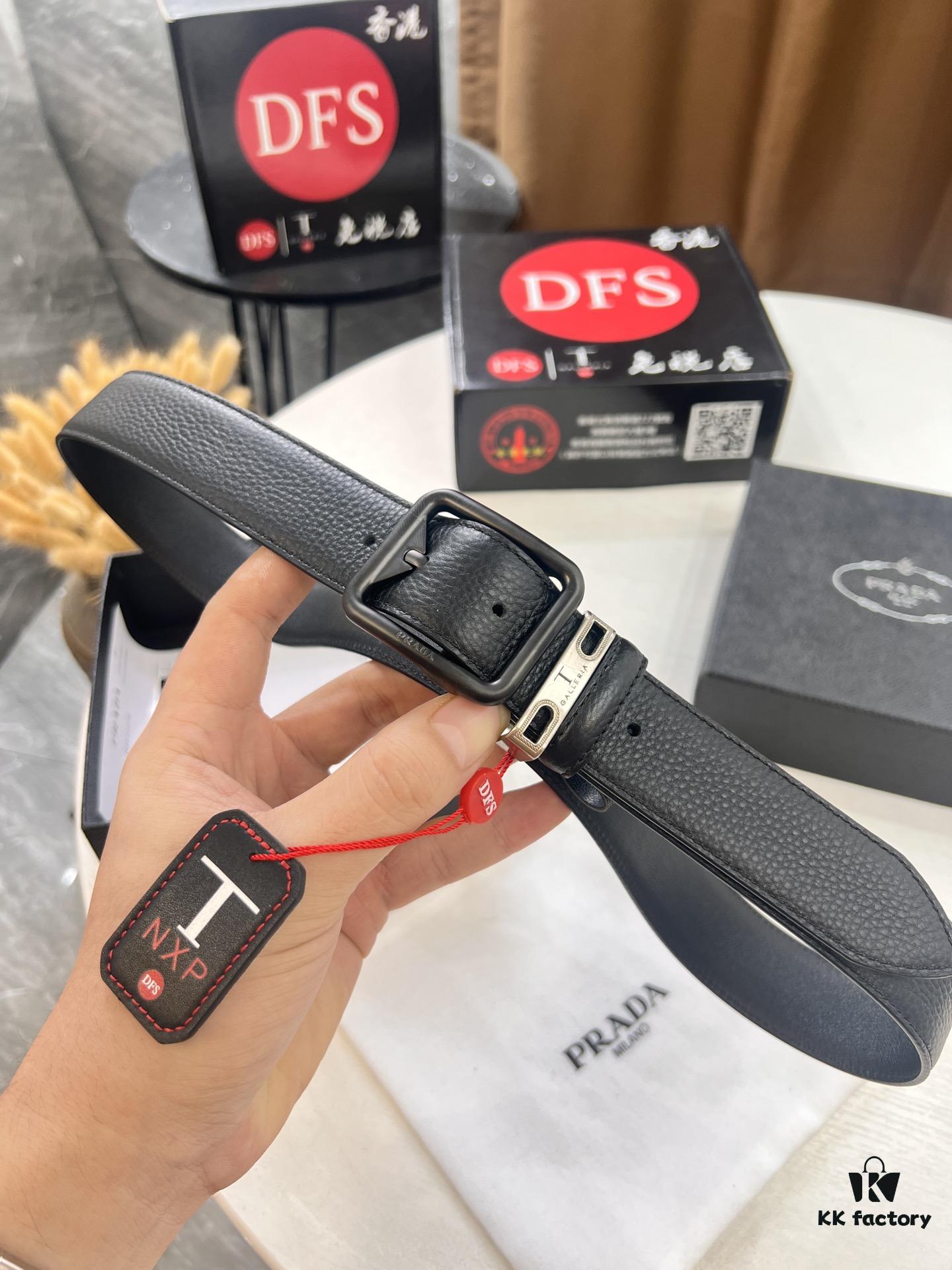 Prada Men's Belt, Double-Sided Use, Aged Rotating Hardware, 3.5cm Width, Top-Grade Imported Cross-Grain Cowhide Leather