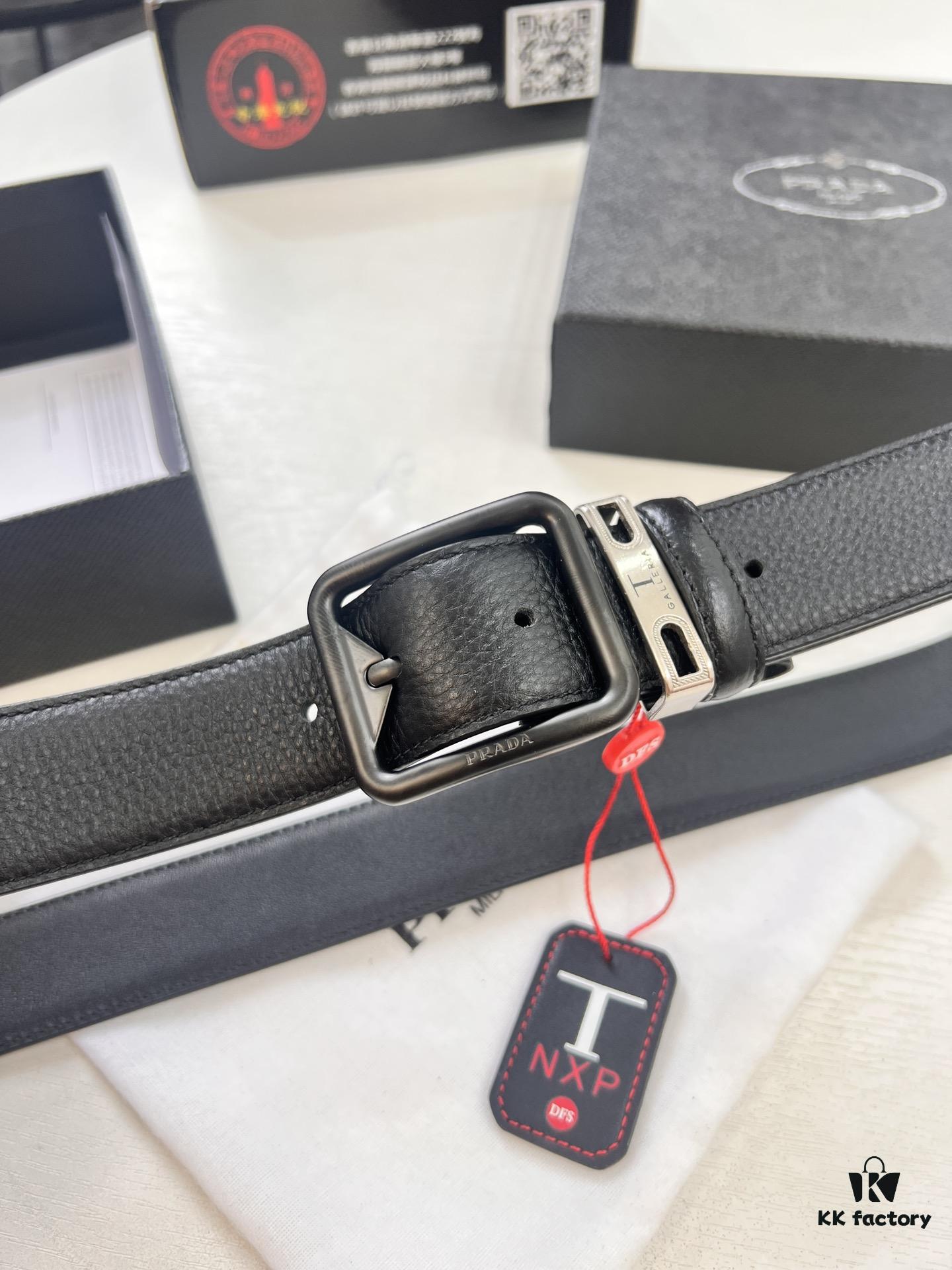 Prada Men's Belt, Double-Sided Use, Aged Rotating Hardware, 3.5cm Width, Top-Grade Imported Cross-Grain Cowhide Leather