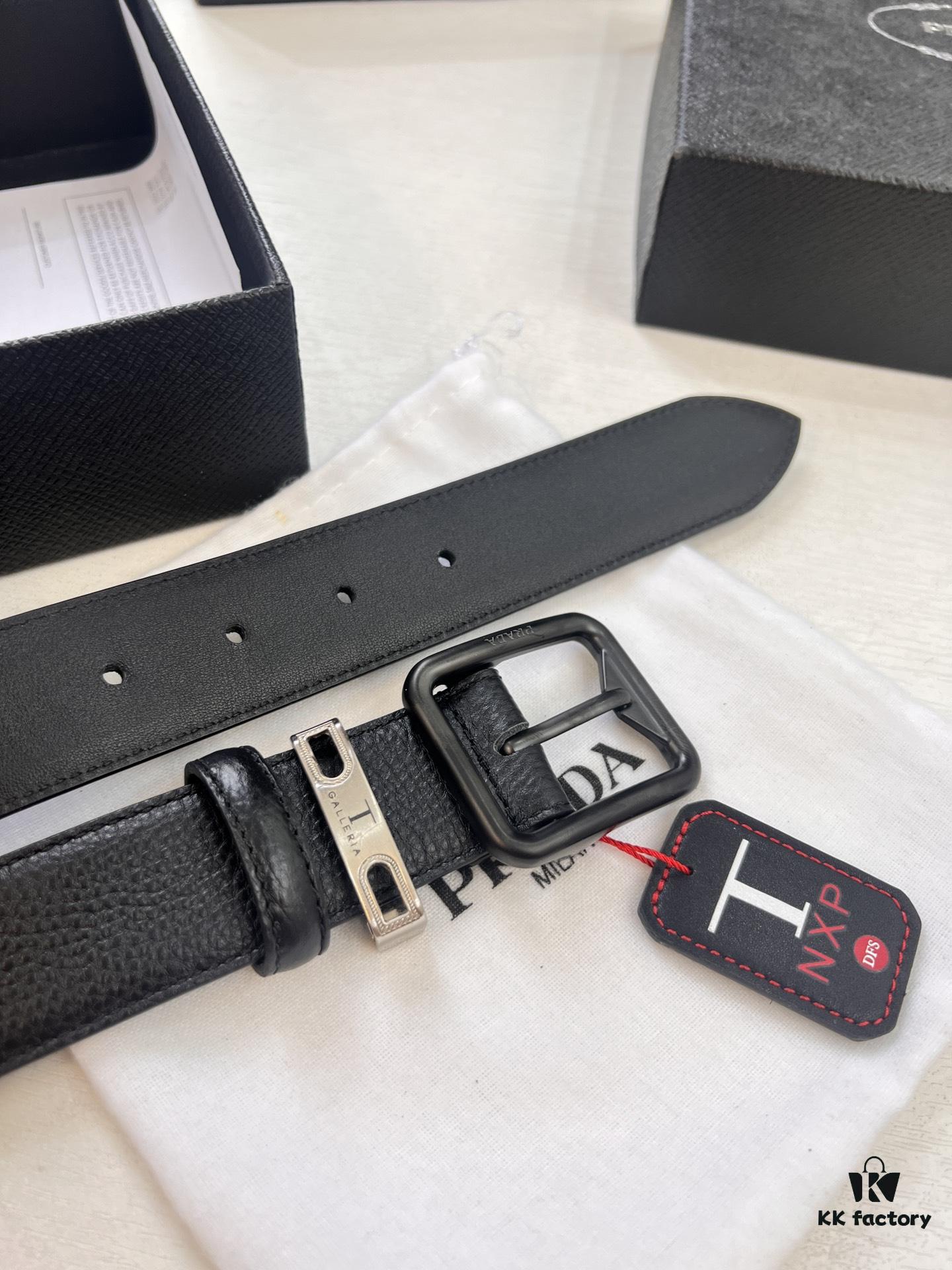 Prada Men's Belt, Double-Sided Use, Aged Rotating Hardware, 3.5cm Width, Top-Grade Imported Cross-Grain Cowhide Leather