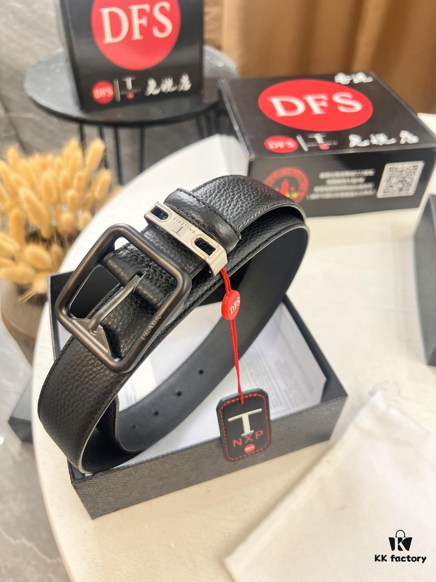 Prada Men's Belt, Double-Sided Use, Aged Rotating Hardware, 3.5cm Width, Top-Grade Imported Cross-Grain Cowhide Leather