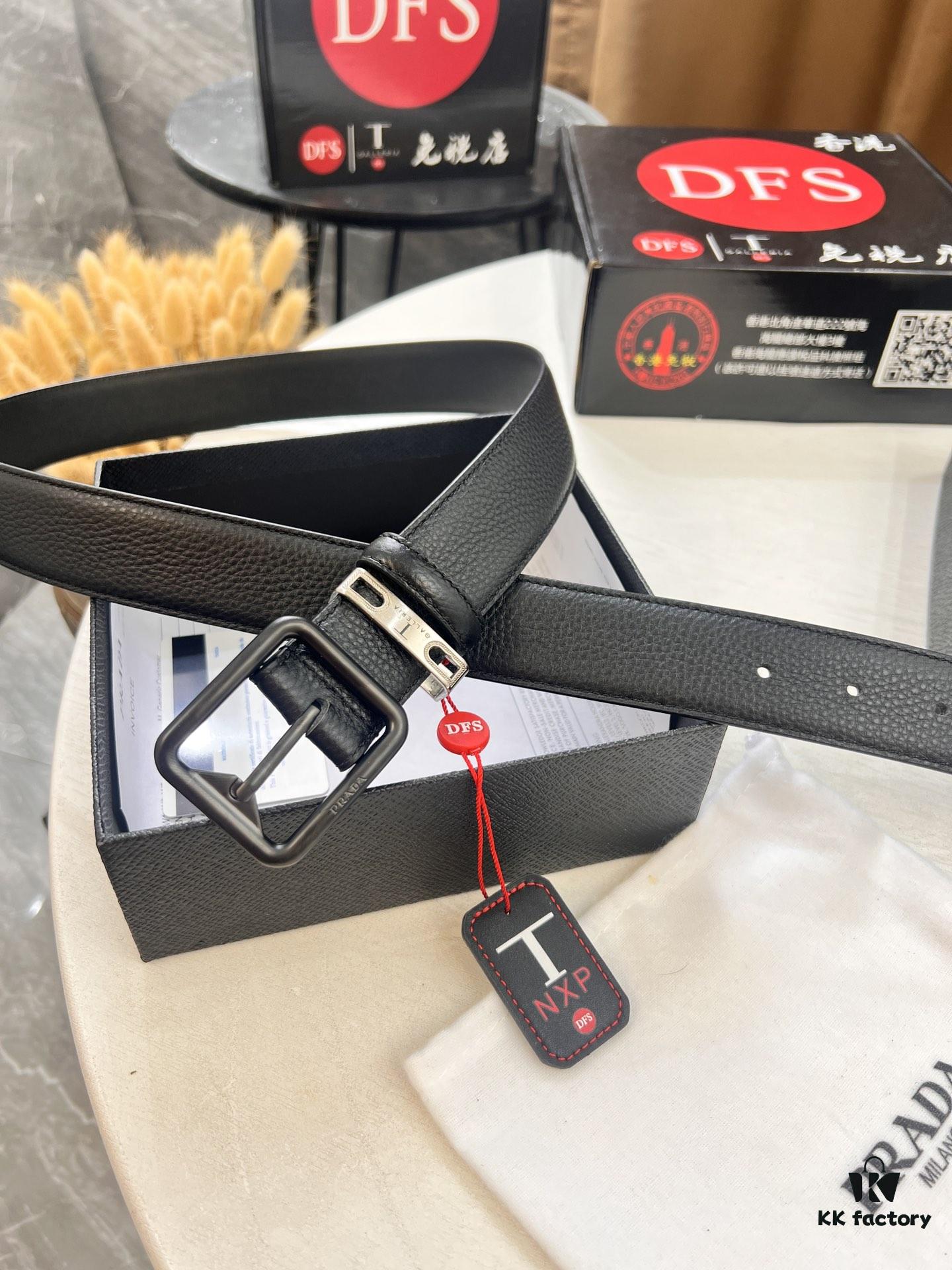 Prada Men's Belt, Double-Sided Use, Aged Rotating Hardware, 3.5cm Width, Top-Grade Imported Cross-Grain Cowhide Leather