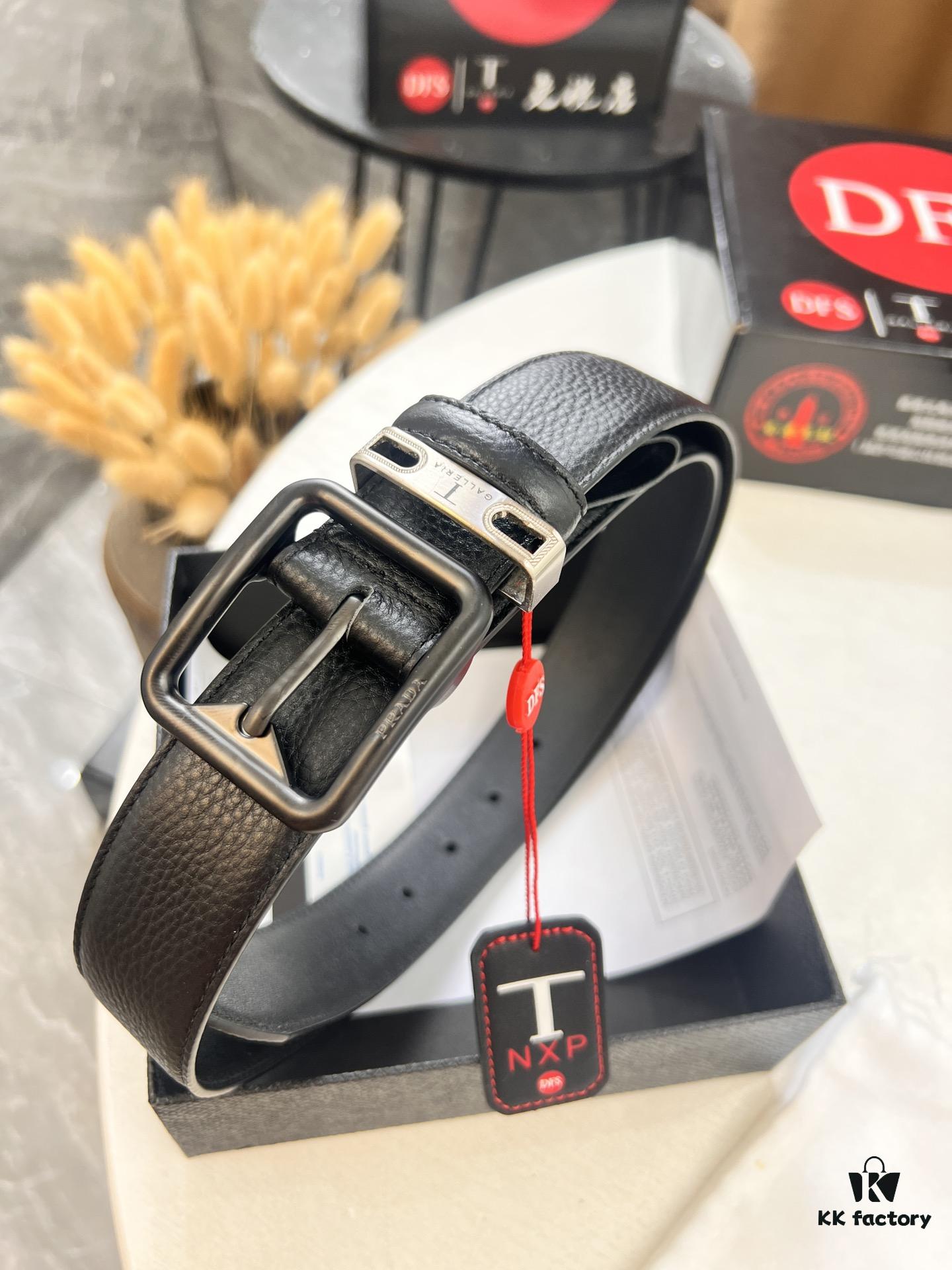 Prada Men's Belt, Double-Sided Use, Aged Rotating Hardware, 3.5cm Width, Top-Grade Imported Cross-Grain Cowhide Leather