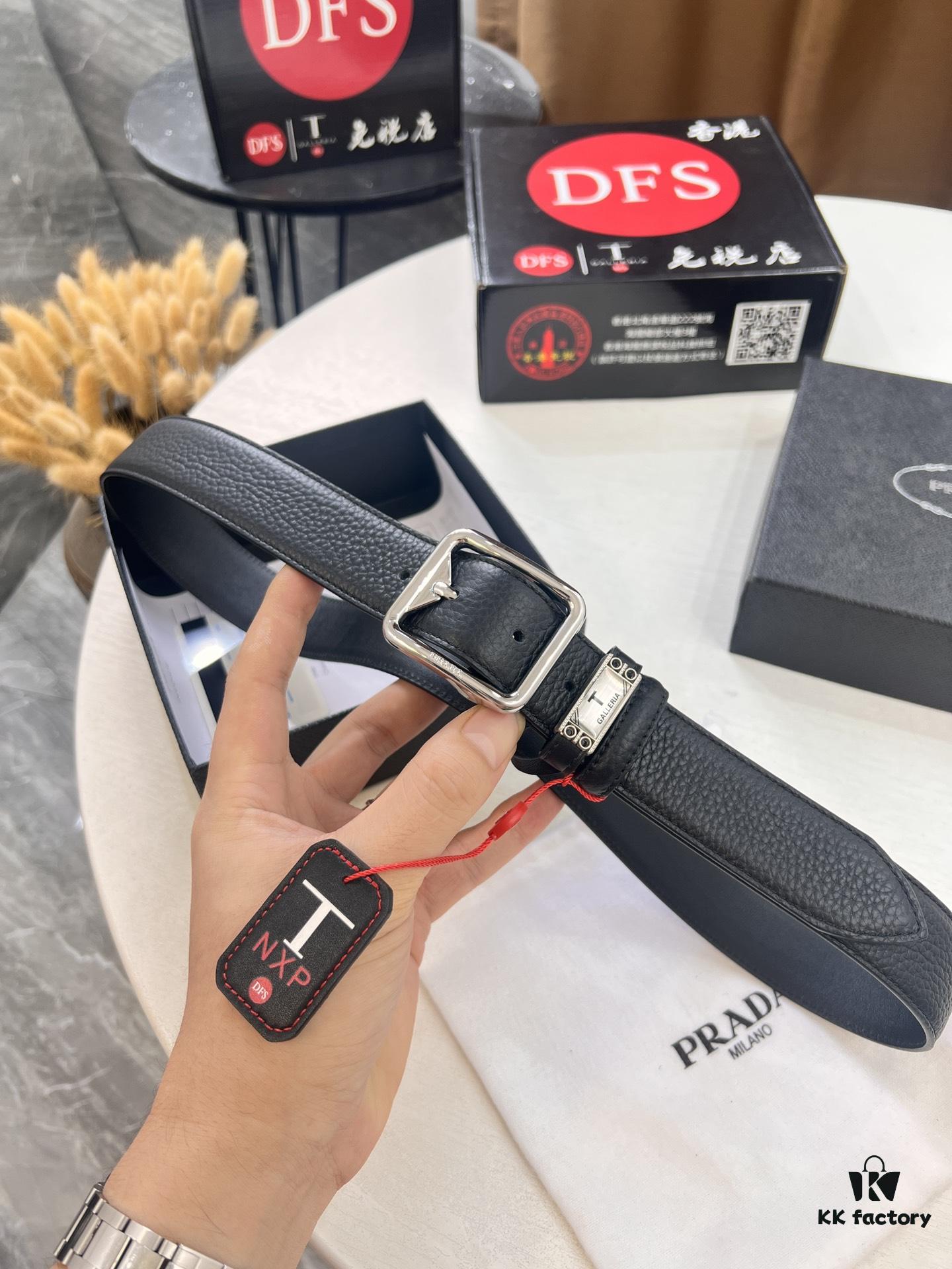 Prada Men's Belt, Double-Sided Use, Aged Rotating Hardware, 3.5cm Width, Top-Grain Imported Cowhide with Cross Texture, Dual Color, ZP Molding, NXP Anti-Counterfeit Chip