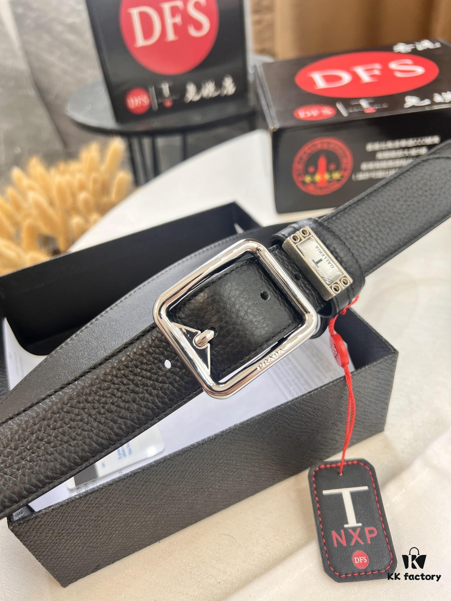 Prada Men's Belt, Double-Sided Use, Aged Rotating Hardware, 3.5cm Width, Top-Grain Imported Cowhide with Cross Texture, Dual Color, ZP Molding, NXP Anti-Counterfeit Chip