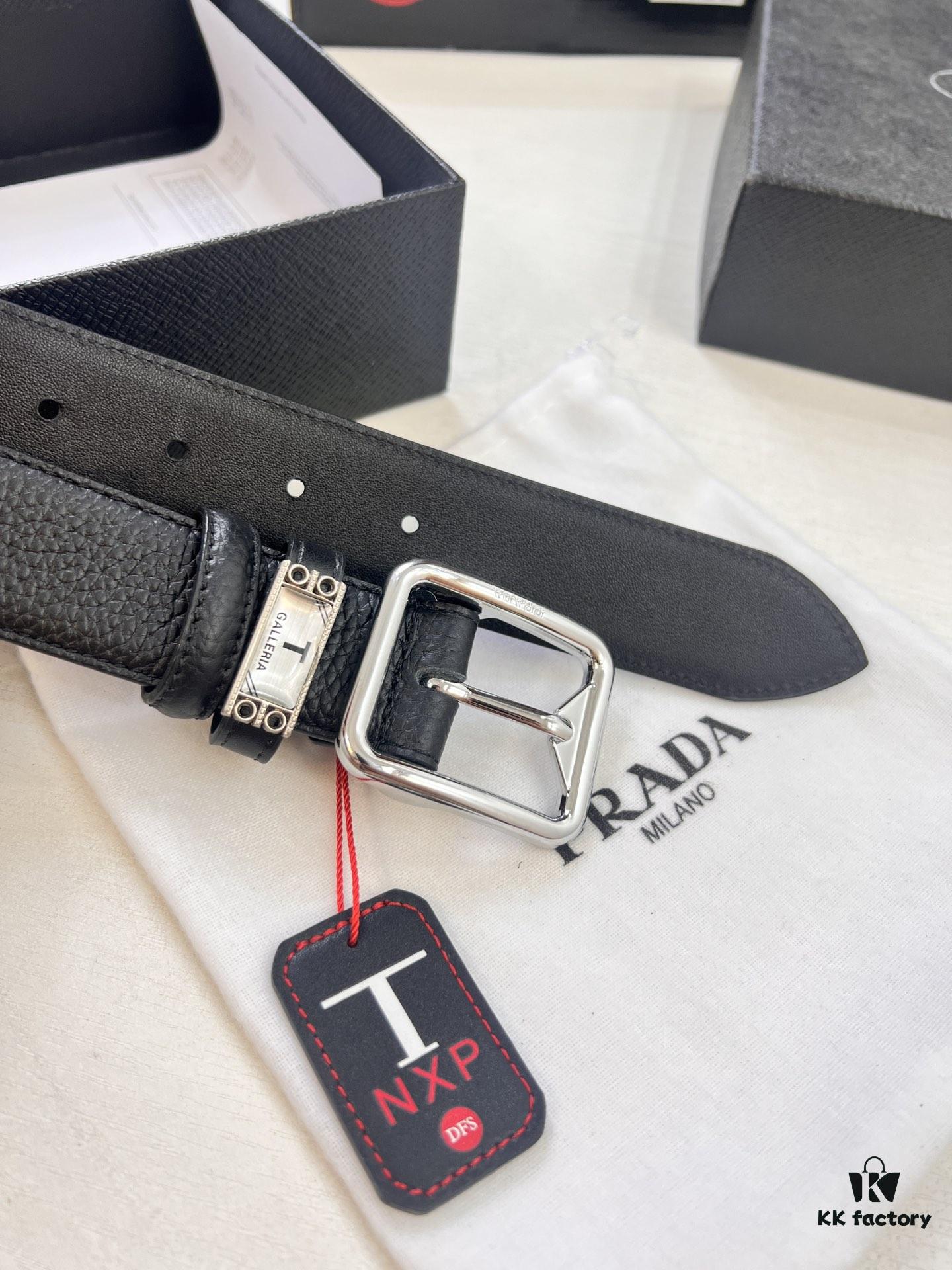 Prada Men's Belt, Double-Sided Use, Aged Rotating Hardware, 3.5cm Width, Top-Grain Imported Cowhide with Cross Texture, Dual Color, ZP Molding, NXP Anti-Counterfeit Chip