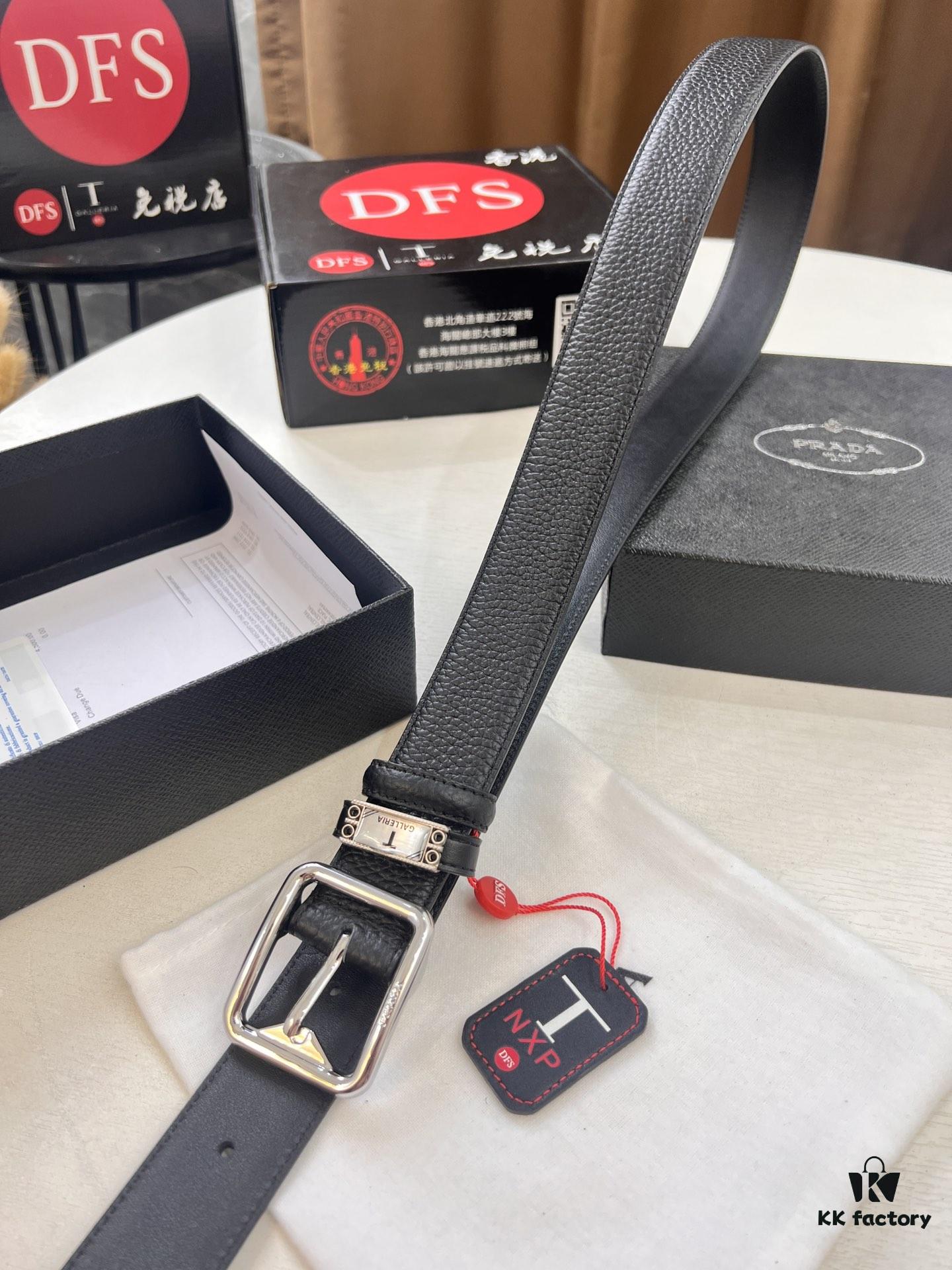 Prada Men's Belt, Double-Sided Use, Aged Rotating Hardware, 3.5cm Width, Top-Grain Imported Cowhide with Cross Texture, Dual Color, ZP Molding, NXP Anti-Counterfeit Chip